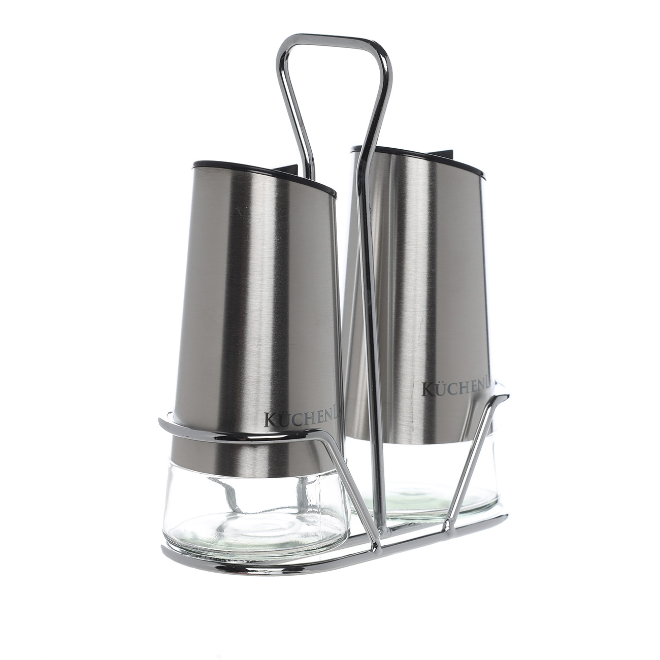 Salt and pepper set, 15 cm, on a stand, glass / metal, Classic color