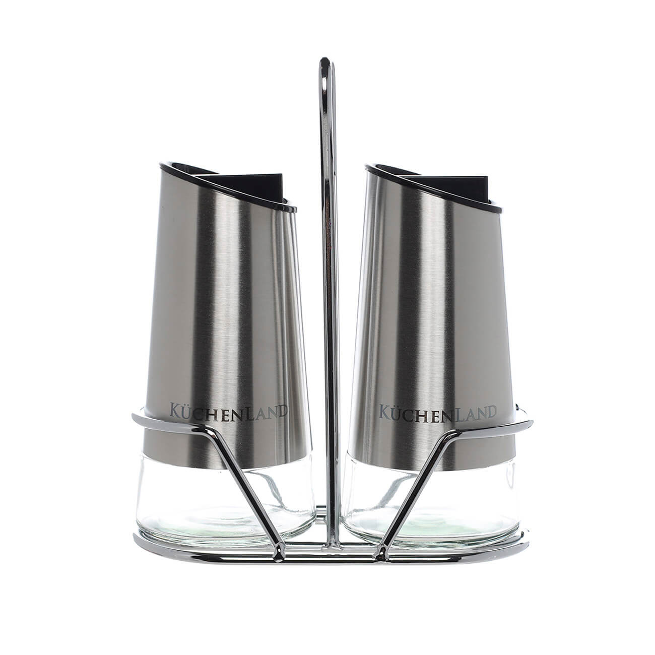 Salt and pepper set, 15 cm, on a stand, glass / metal, Classic color