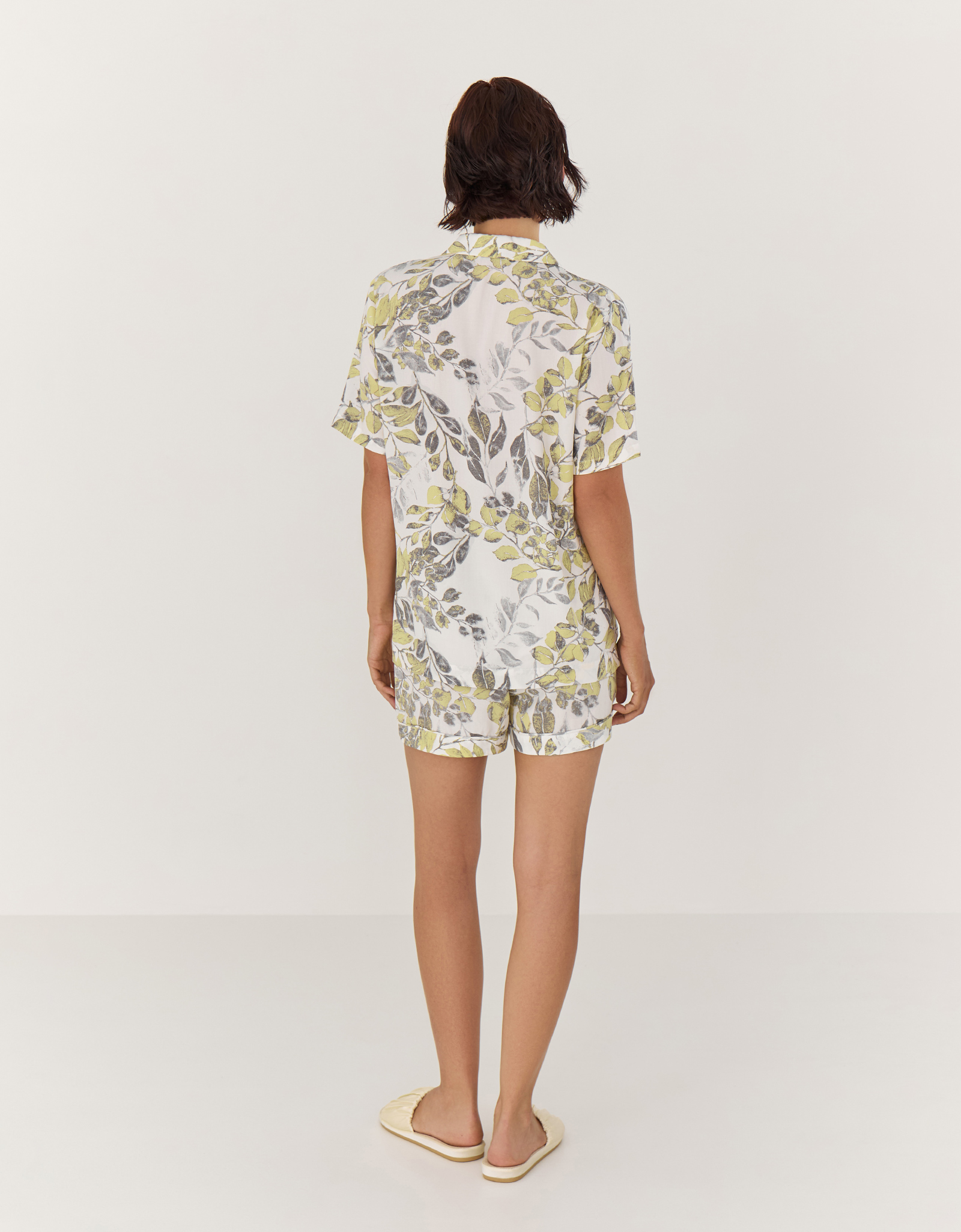 Women's shirt, homewear, size M, with short sleeves, viscose, white and yellow, Leaves, Leksi, image-5