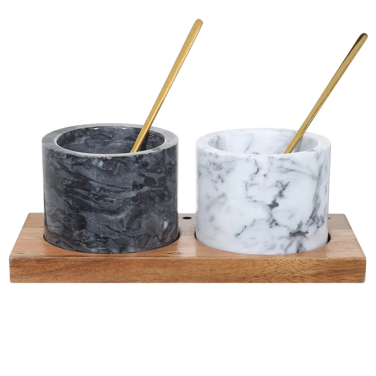 Spice container, 6 cm, 2 pcs, with spoons, on a stand, marble / wood, Marble, image-0