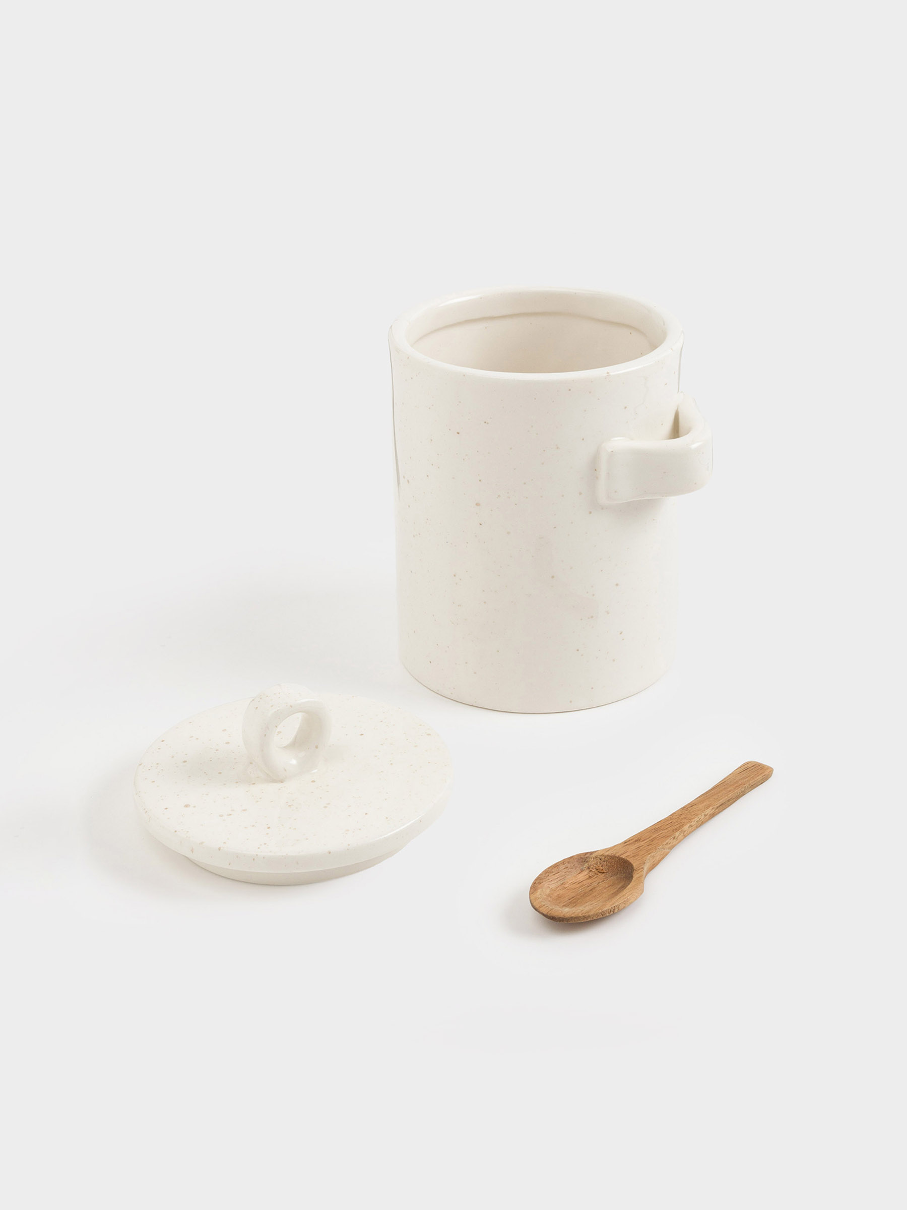 Storage container, 16 cm, 750 ml, with spoon, ceramic / wood, milky, speckled, Delicia, image-8