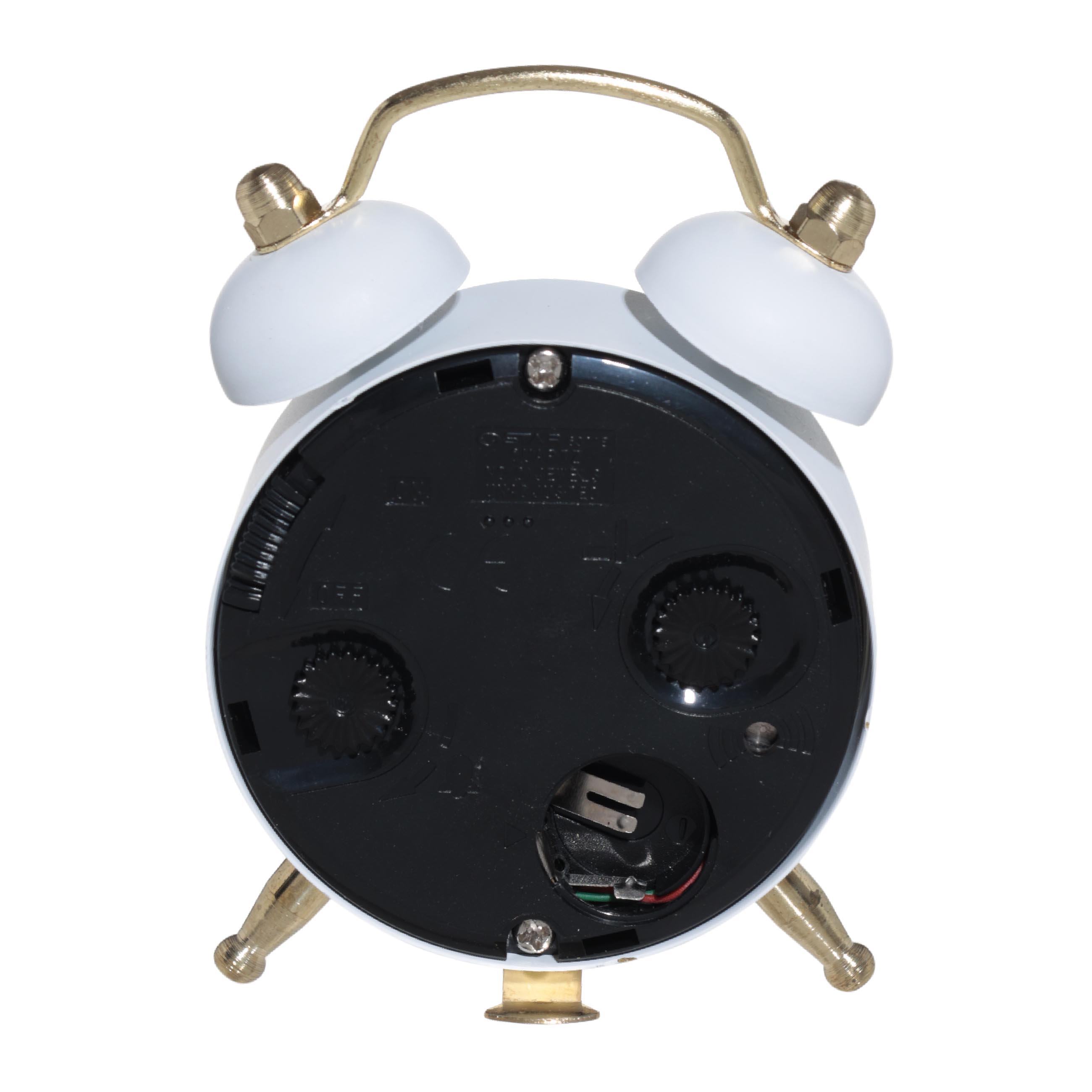 Alarm clock, 8 cm, on legs, metal / glass, round, white and gold, Retro, Dial