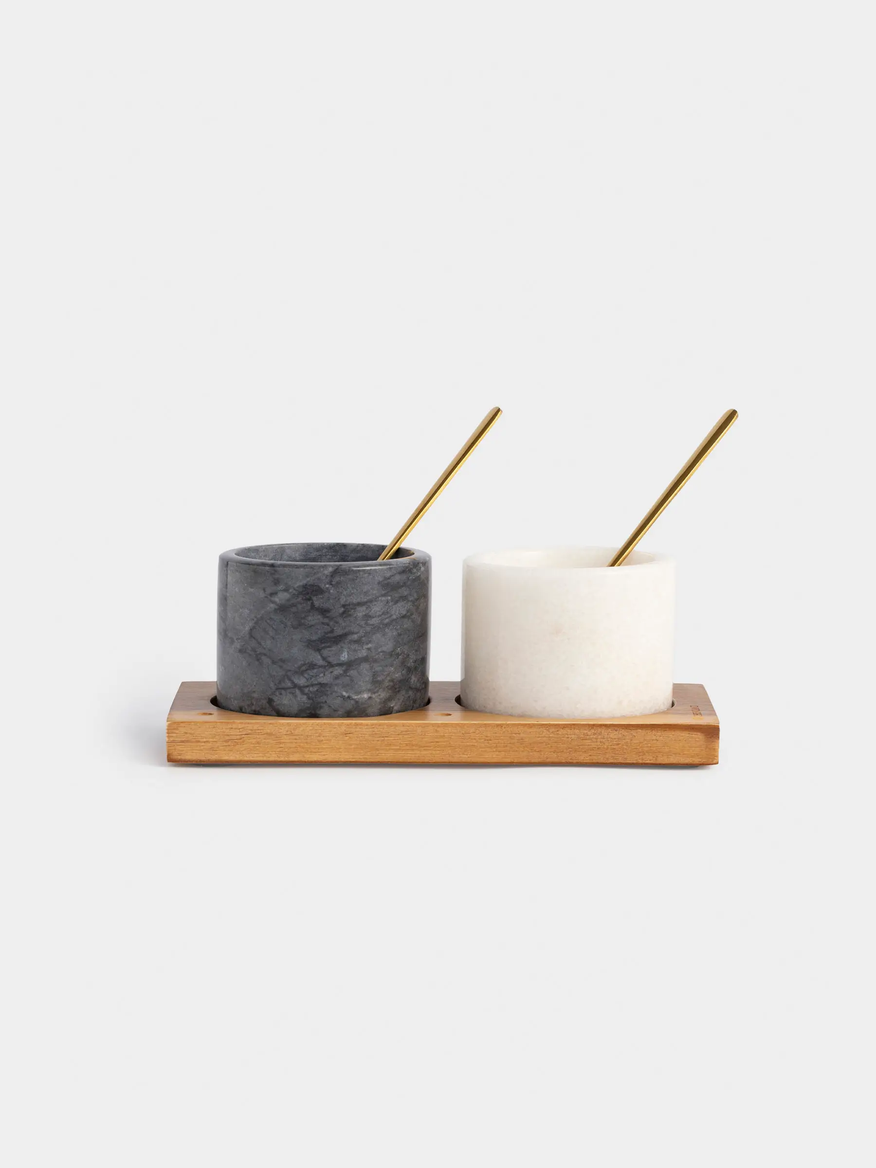 Spice container, 6 cm, 2 pcs, with spoons, on a stand, marble / wood, Marble