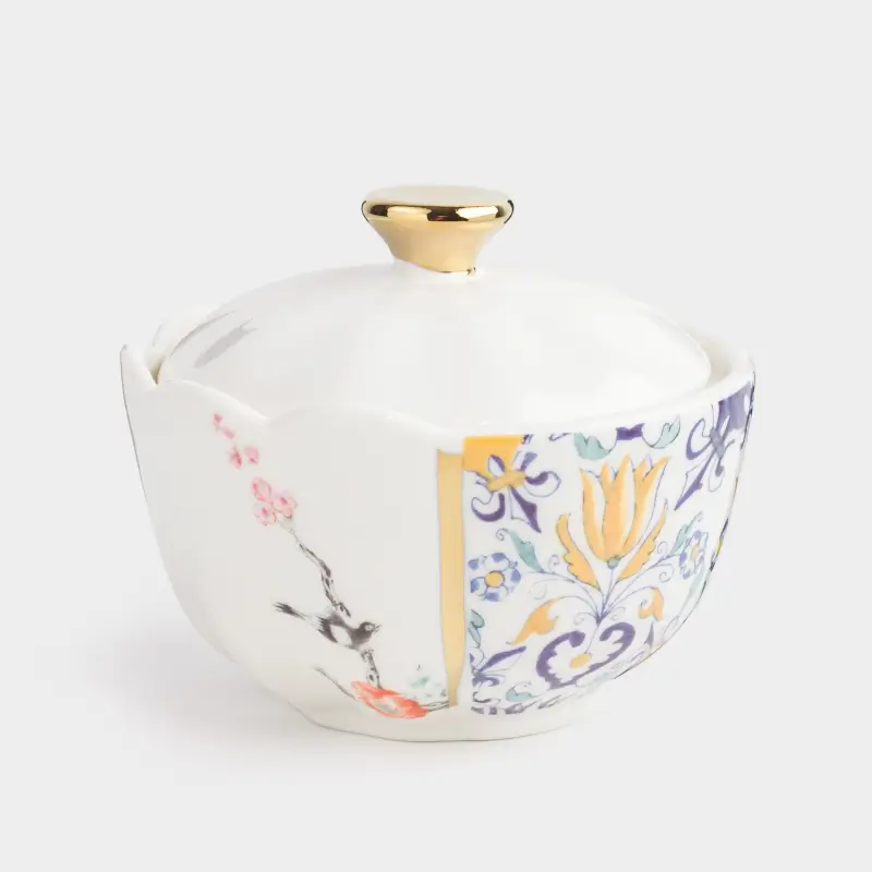 Sugar bowl, 8 cm, ml, porcelain N, white and gold, Kintsugi, Kintsugi ,image-0