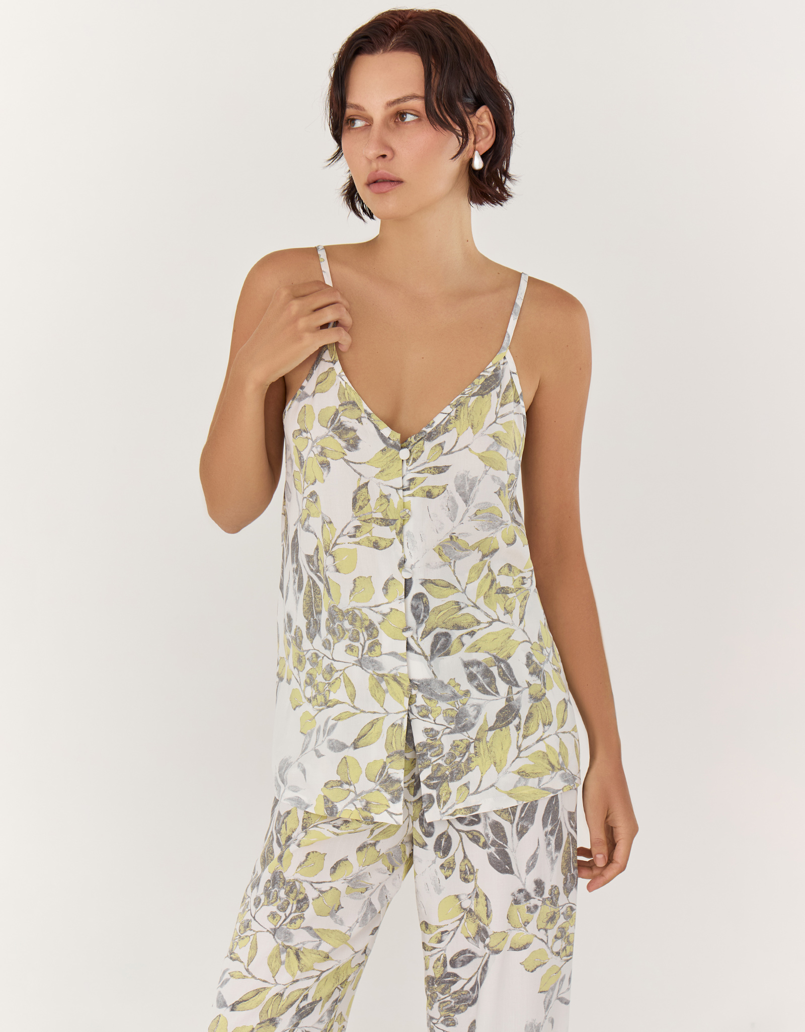 Women's top, homewear, size L, buttons, viscose, white and yellow, Leaves, Leksi, image-1