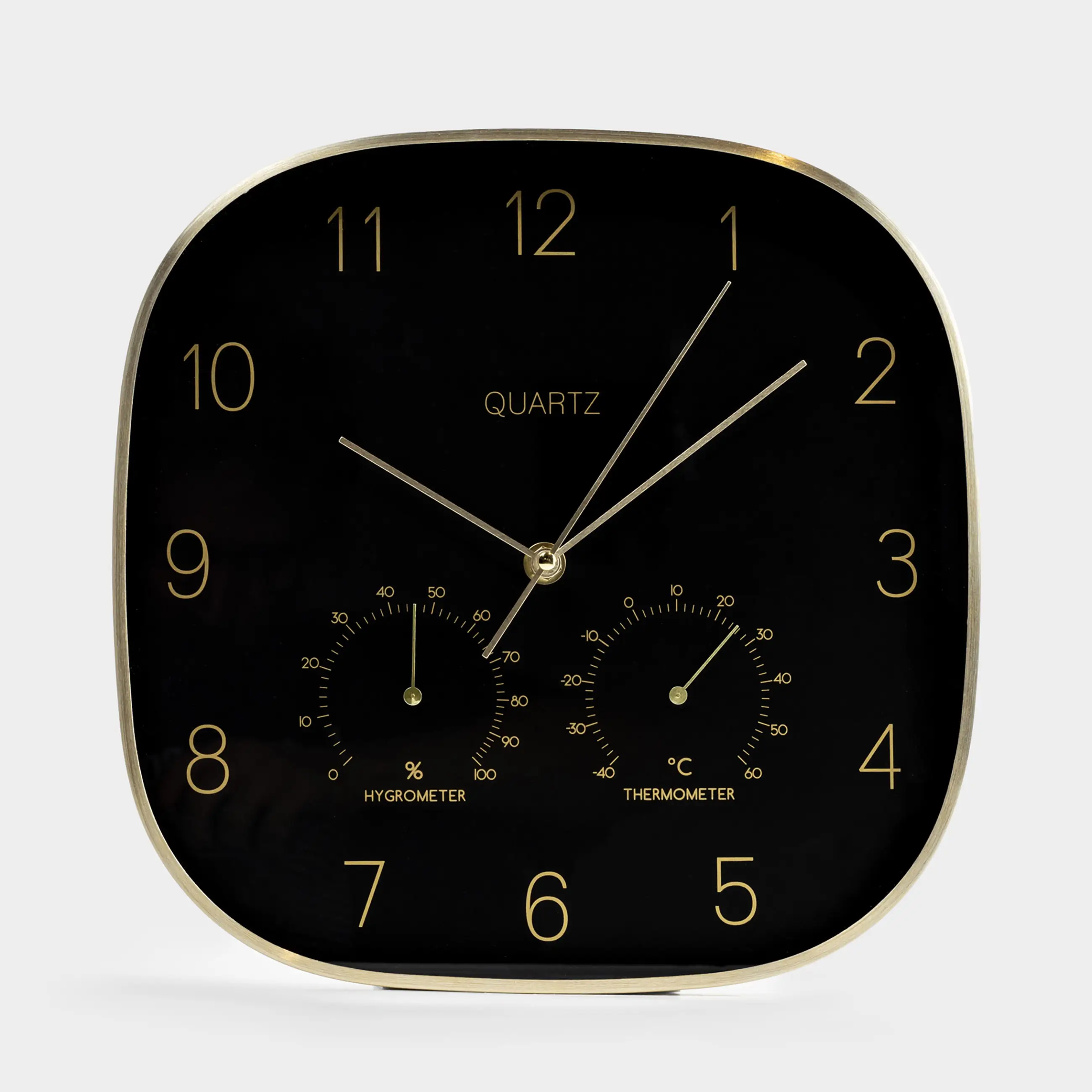 Wall clock, 30 cm, with thermometer and hygrometer, metal / glass, black, Dial
