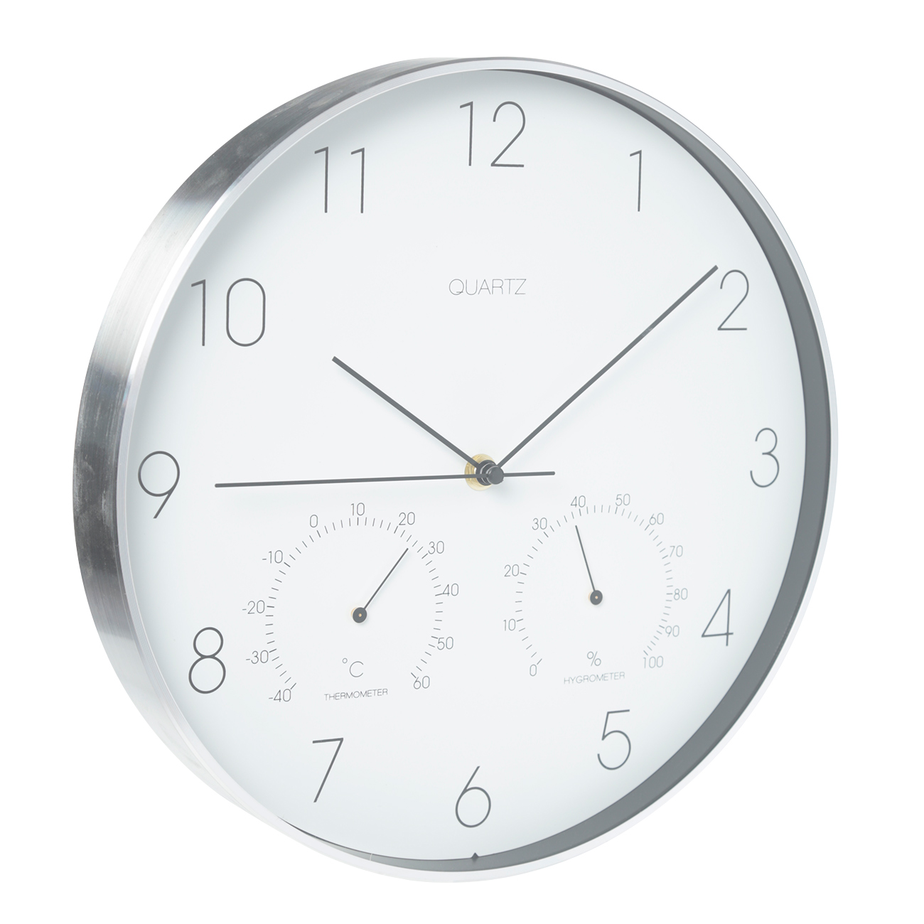 Wall clock, 31 cm, with thermometer and hygrometer, plastic / glass, round, white, Dial