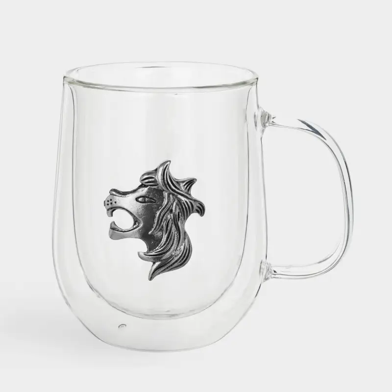 Mug, 350 ml, glass B / metal, silver, Lion, Air zodiac