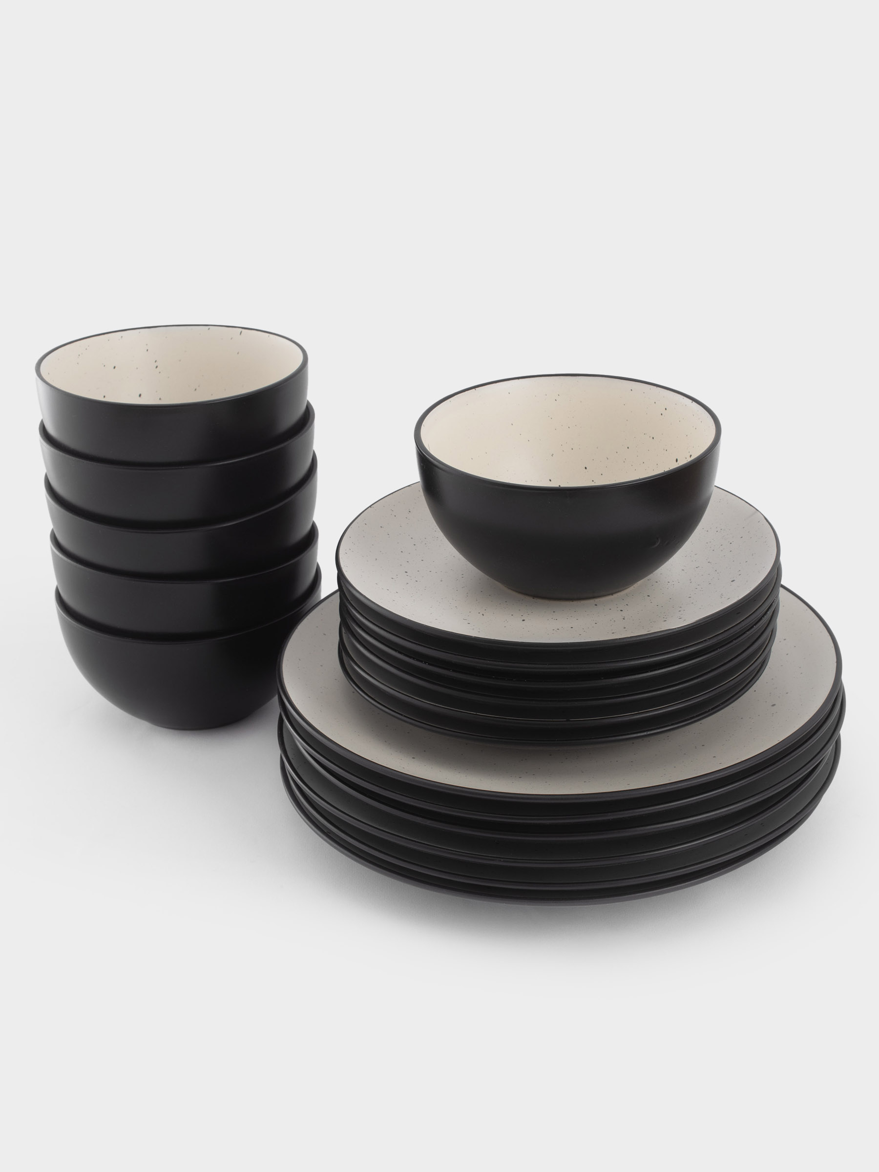 Dinner set, 6 persons, 18 ave, ceramics, black and white, speckled, Isernia, image-2