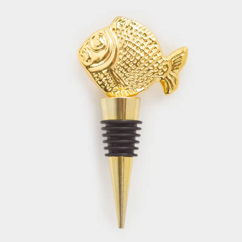 Wine bottle stopper, 10 cm, metal / silicone, Golden, Fish, Goldfish ,image-0