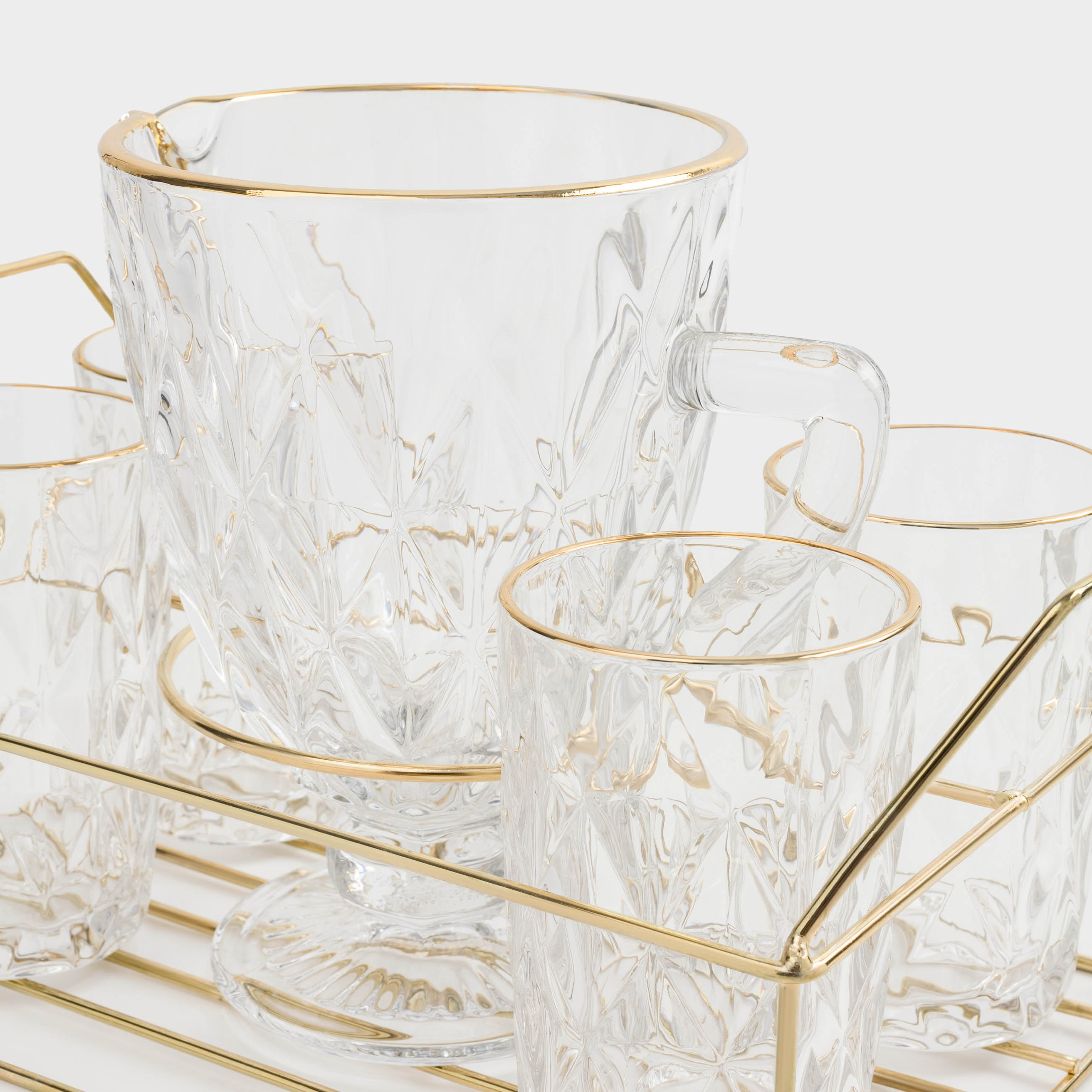 Set for drinks, 4 persons, 5 items, on a stand, glass R / metal, golden, Rhomb gold