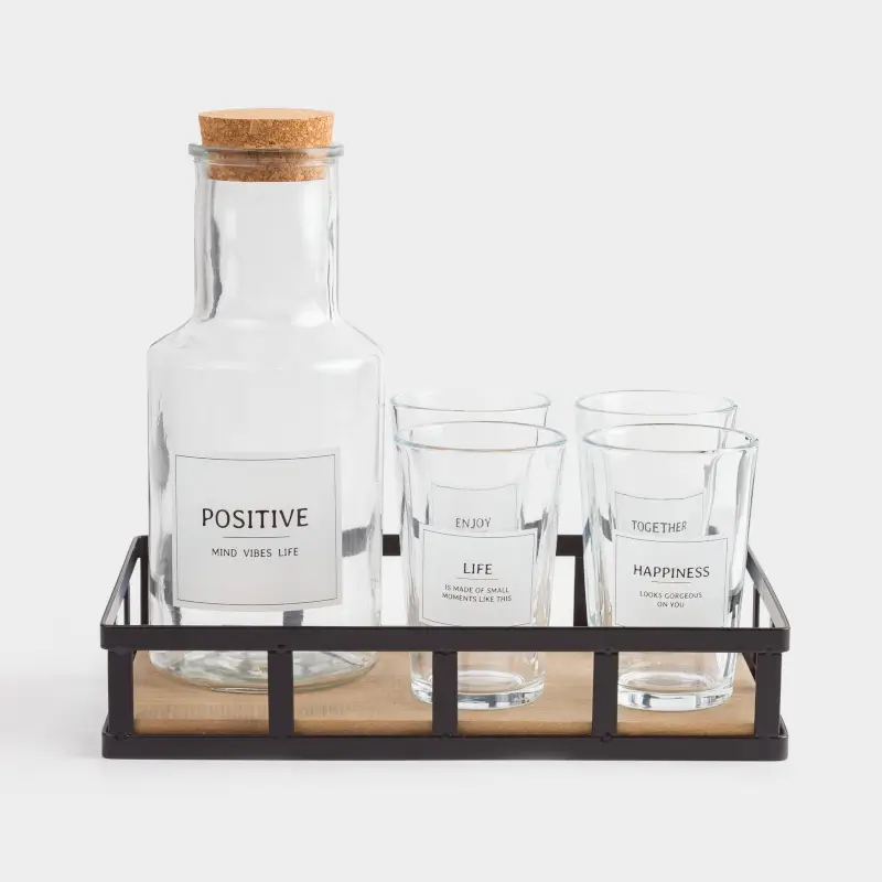Set for drinks, 4 persons, 5 items, on a stand, glass / metal, Clear font ,image-0