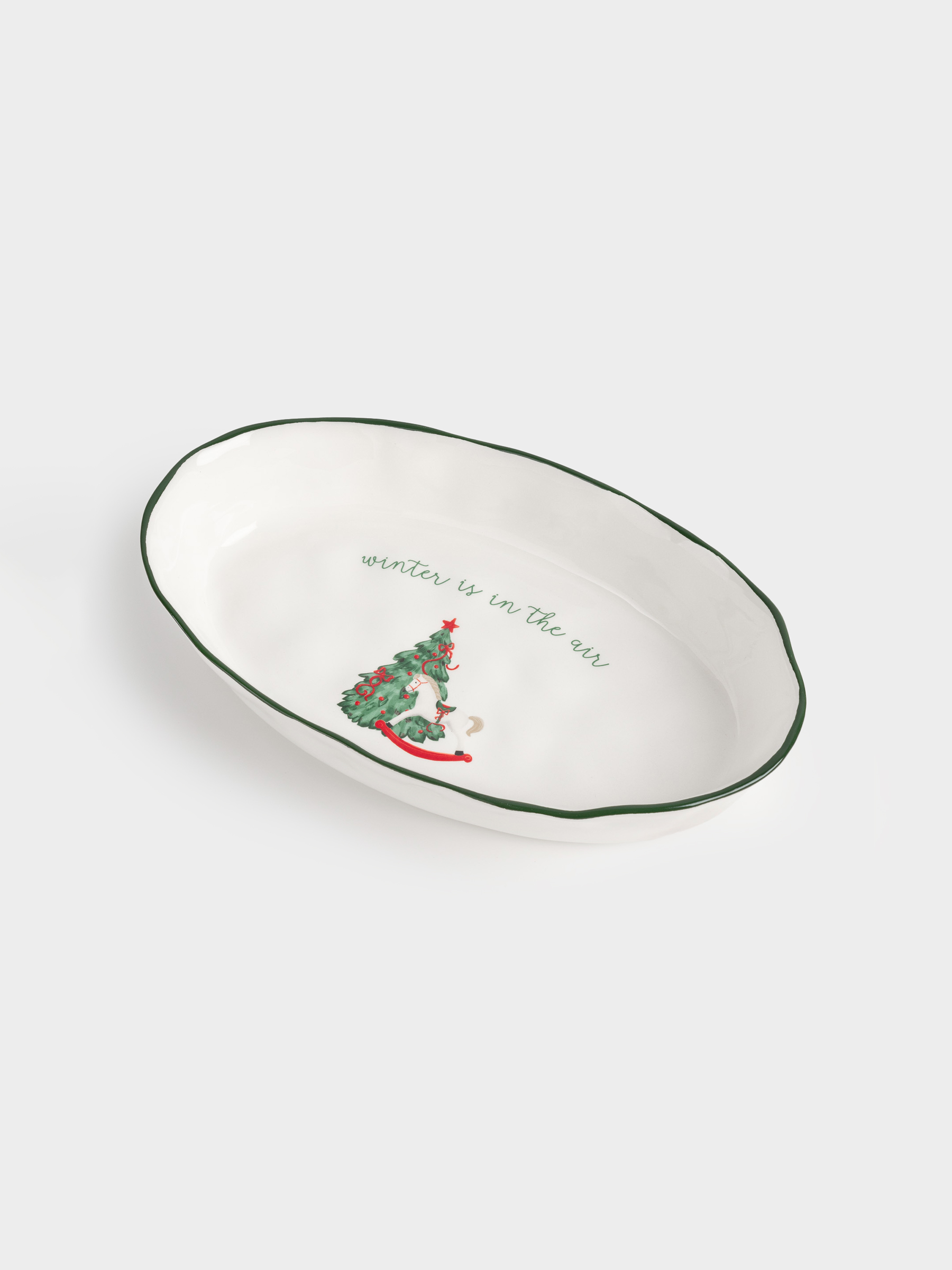 Dish, 28x17x5 cm, with sides, ceramic, oval, Horse with Christmas tree, Christmas green, image-3
