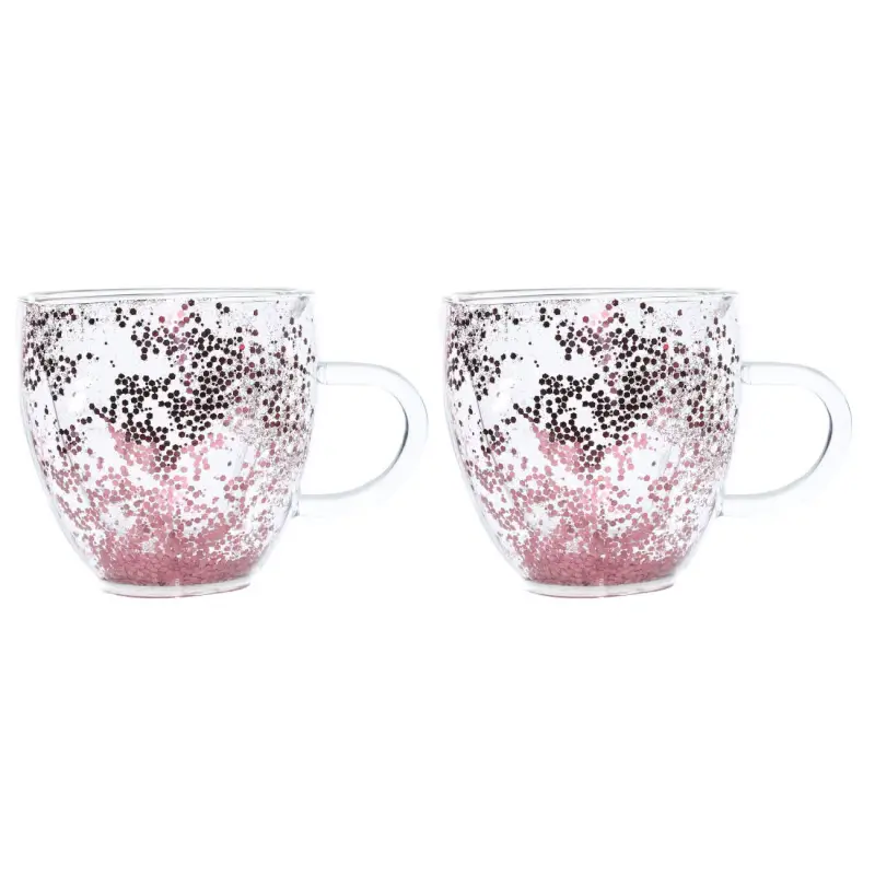 Mug, 250 ml, 2 pcs, glass B, with pink sequins, Heart, Air sparkly ,image-0