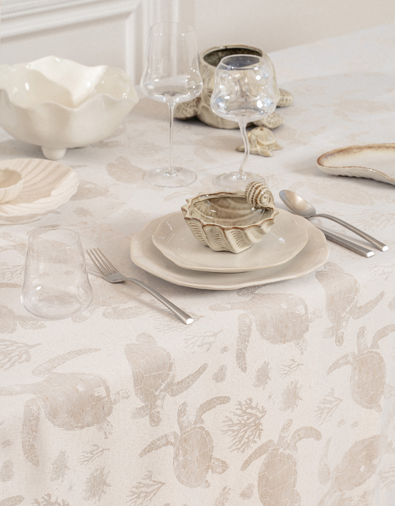 Tablecloth, 160x160 cm, jacquard, polyester / linen, beige, Turtles, Marine turtles, image-6