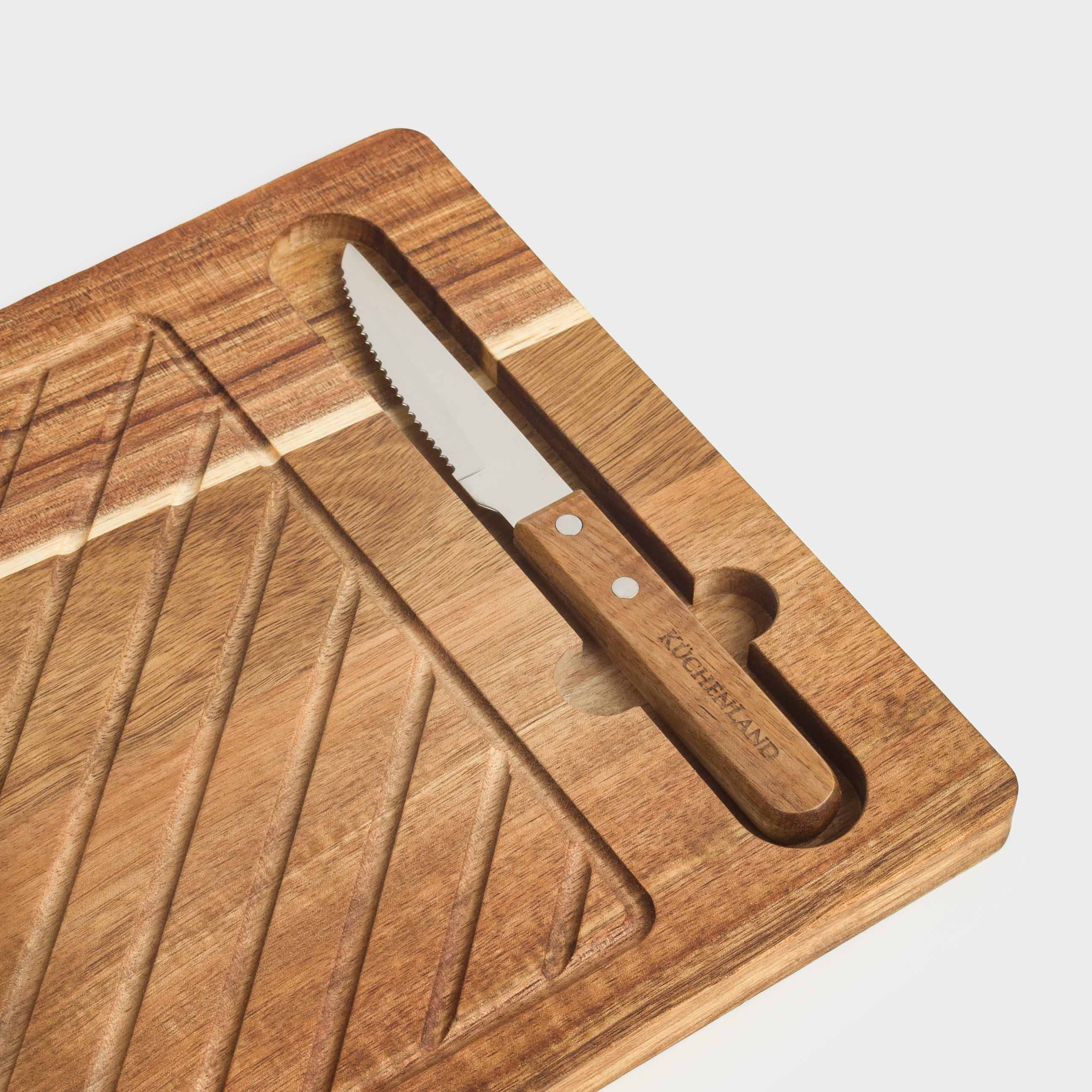 Steak serving set, 1 person, 3 items, wood / steel, BBQ