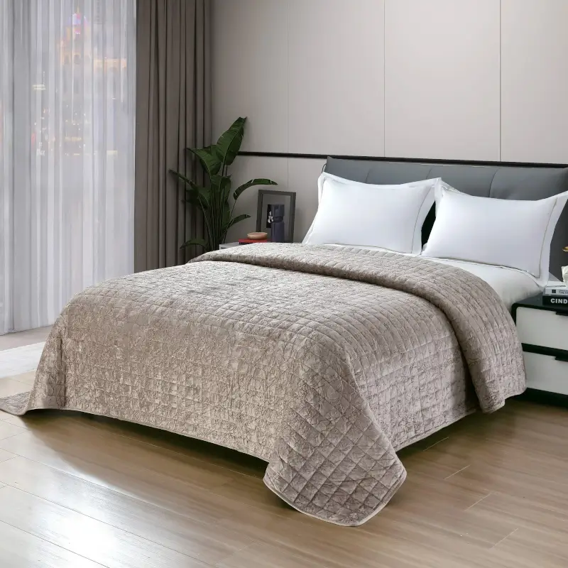 Bedspread, 220x240 cm, quilted, velvet/microfiber, brown, Squares, Stitch velvet