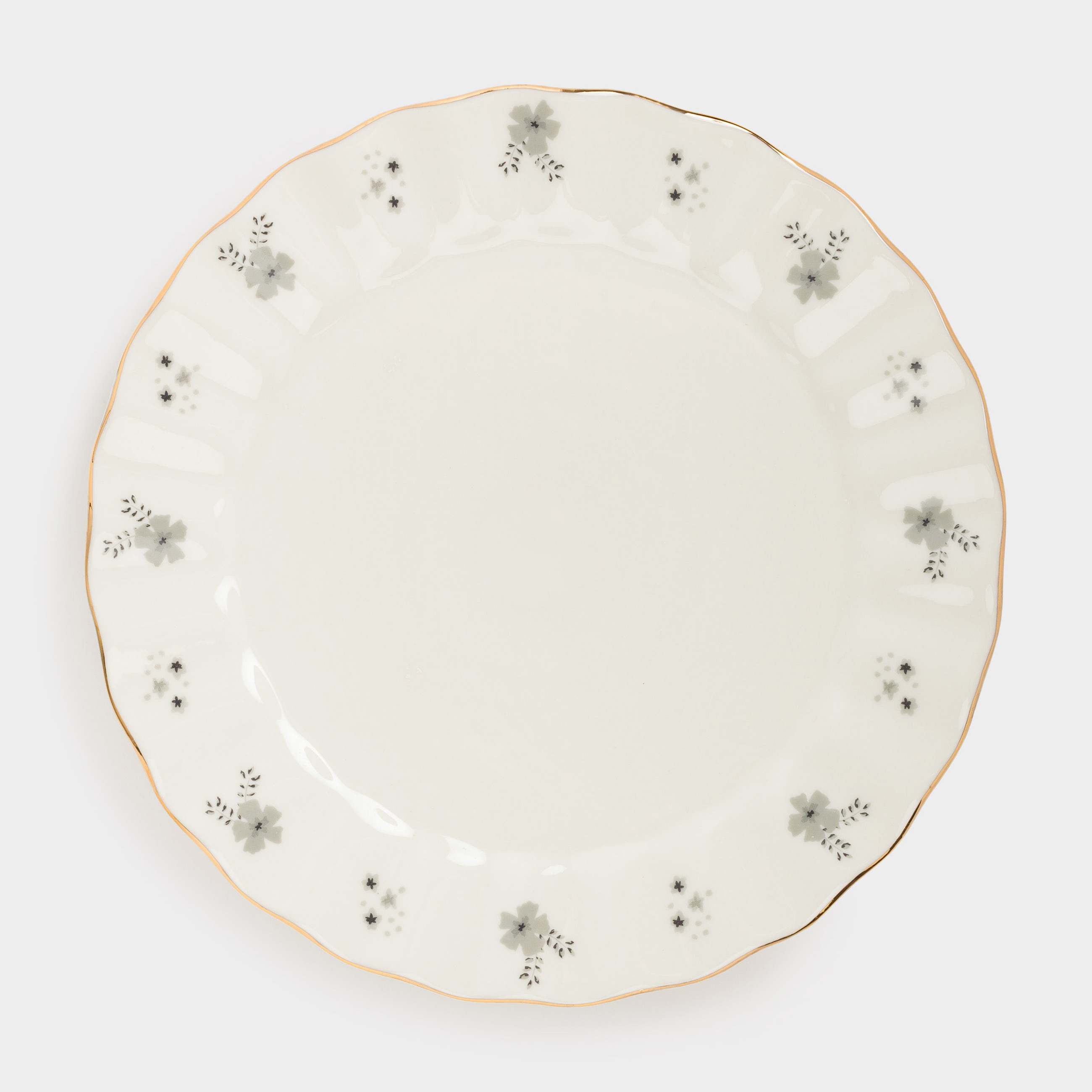 Dessert plate, 20 cm, porcelain P, milky, with golden edging, gray flowers, Florals, image-0