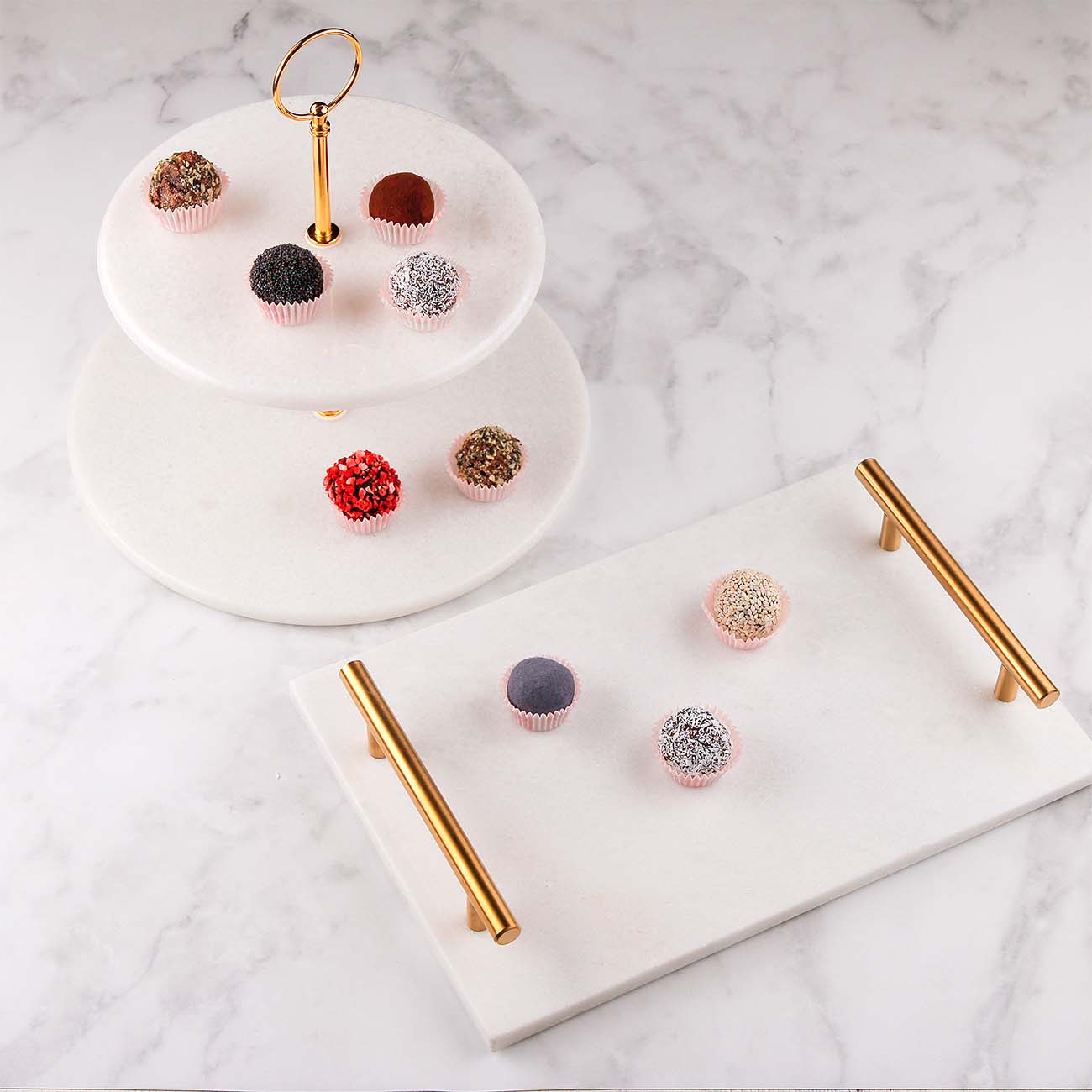 Tray, 30x20 cm, with handles, Marble, rectangular, White/golden, Marble
