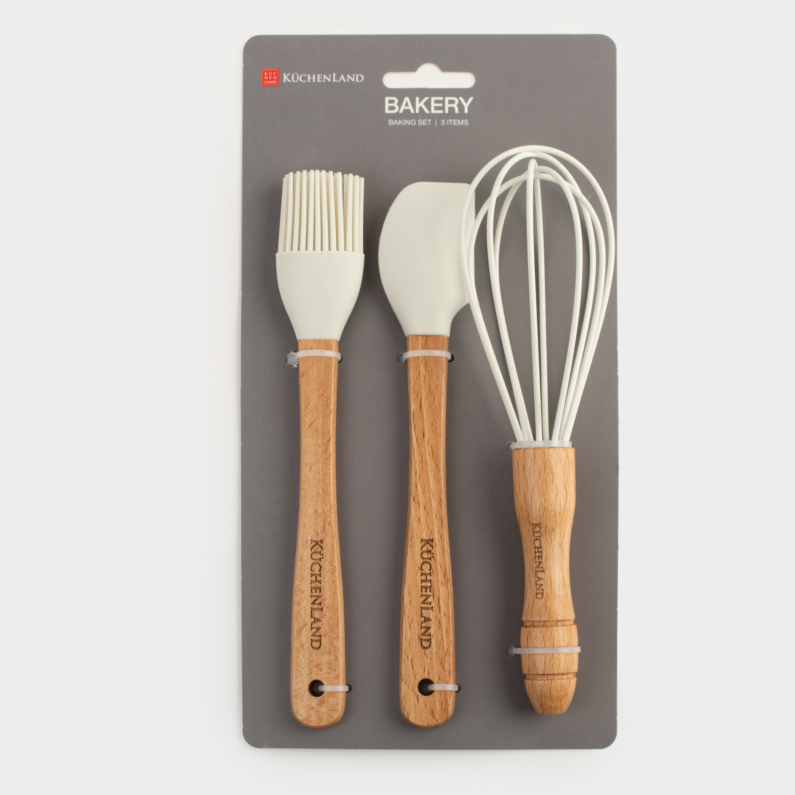 Baking set, 3 items, Spatula / whisk / cooking brush, silicone / wood, milky, Bakery