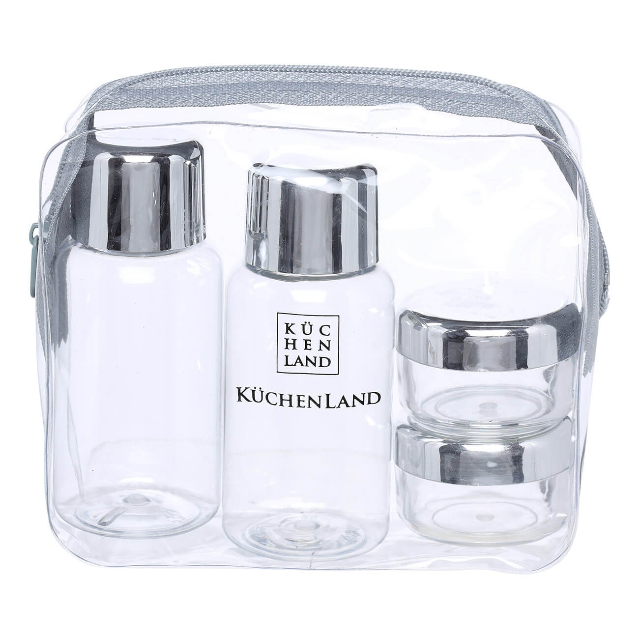 Travel Bottle/Jar set, 4 pcs, in cosmetic bag, Plastic, Silver, Basic