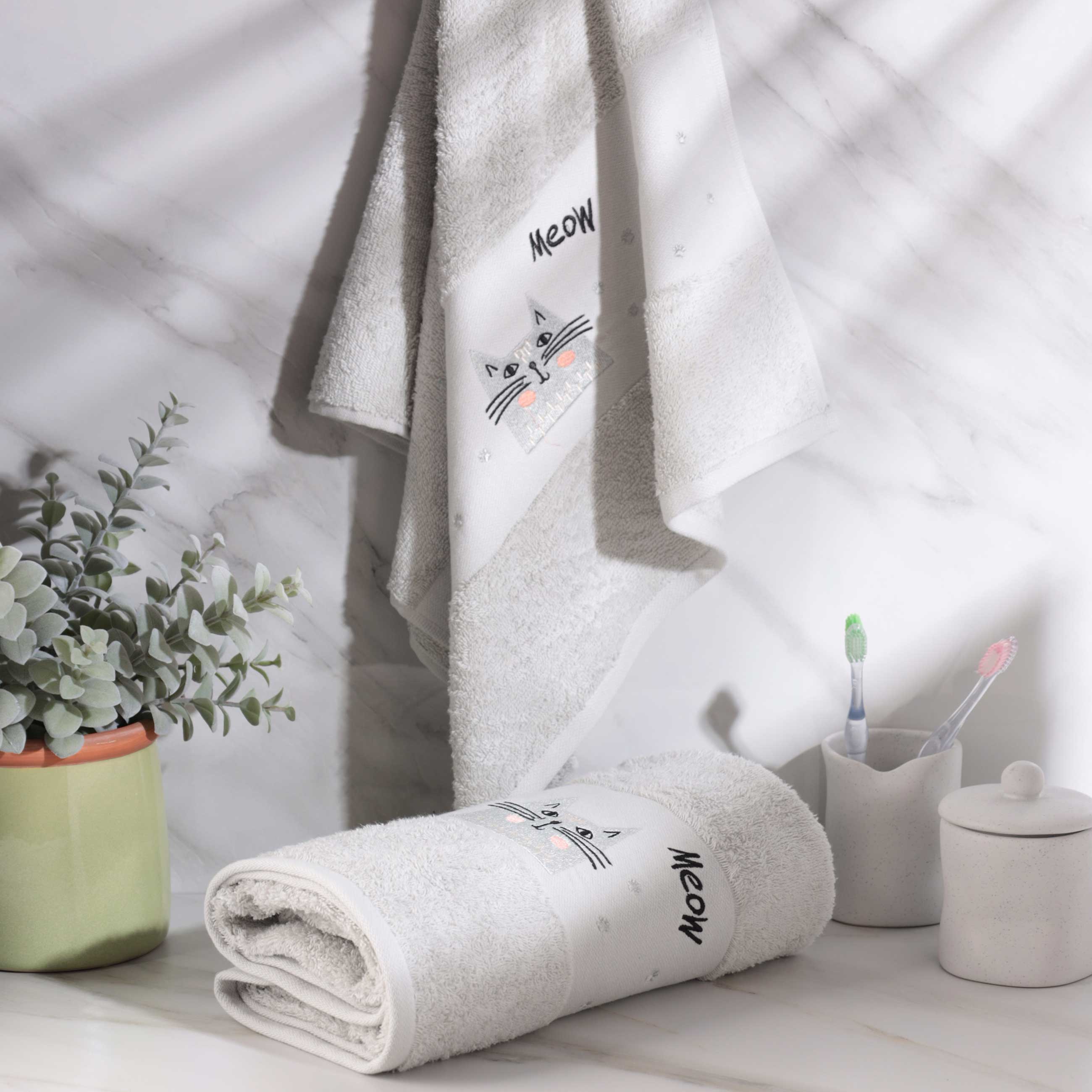 Baby towel, 70x120 cm, cotton, light grey, Cat, Grey cat