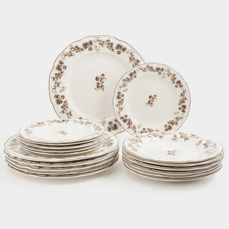 Dining set, 6 persons, 18 items, porcelain N, white, Brown flowers, Rarest flowers ,image-0