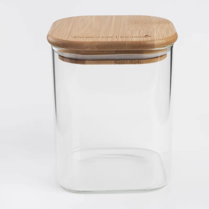 Jar for bulk products, 850 ml, glass / bamboo, square, Home made