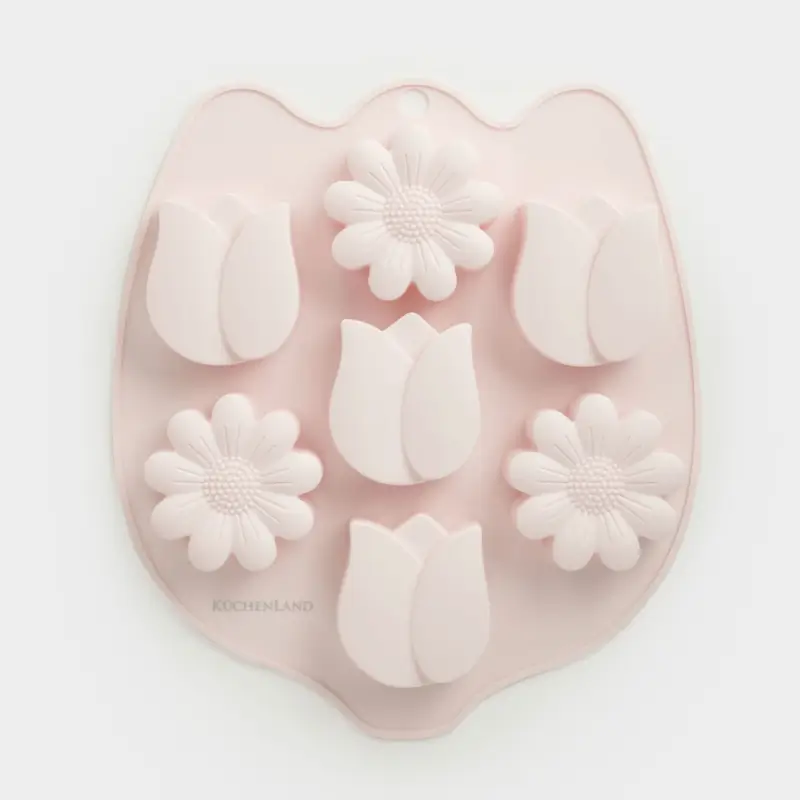 Cupcake baking dish, 26x23 cm, 7 compartments, silicone, pink, Spring flowers, Bakery color ,image-0