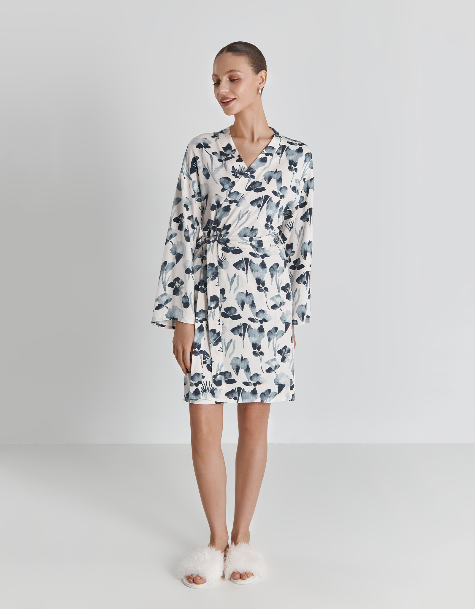 Robe for women, home, size L, long sleeve, viscose, milk, Blue flowers, Telia, image-0