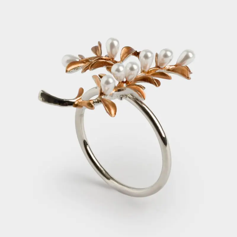 Napkin ring, 6 cm, metal / plastic, silver-gold, Leaves and beads, Pearl
