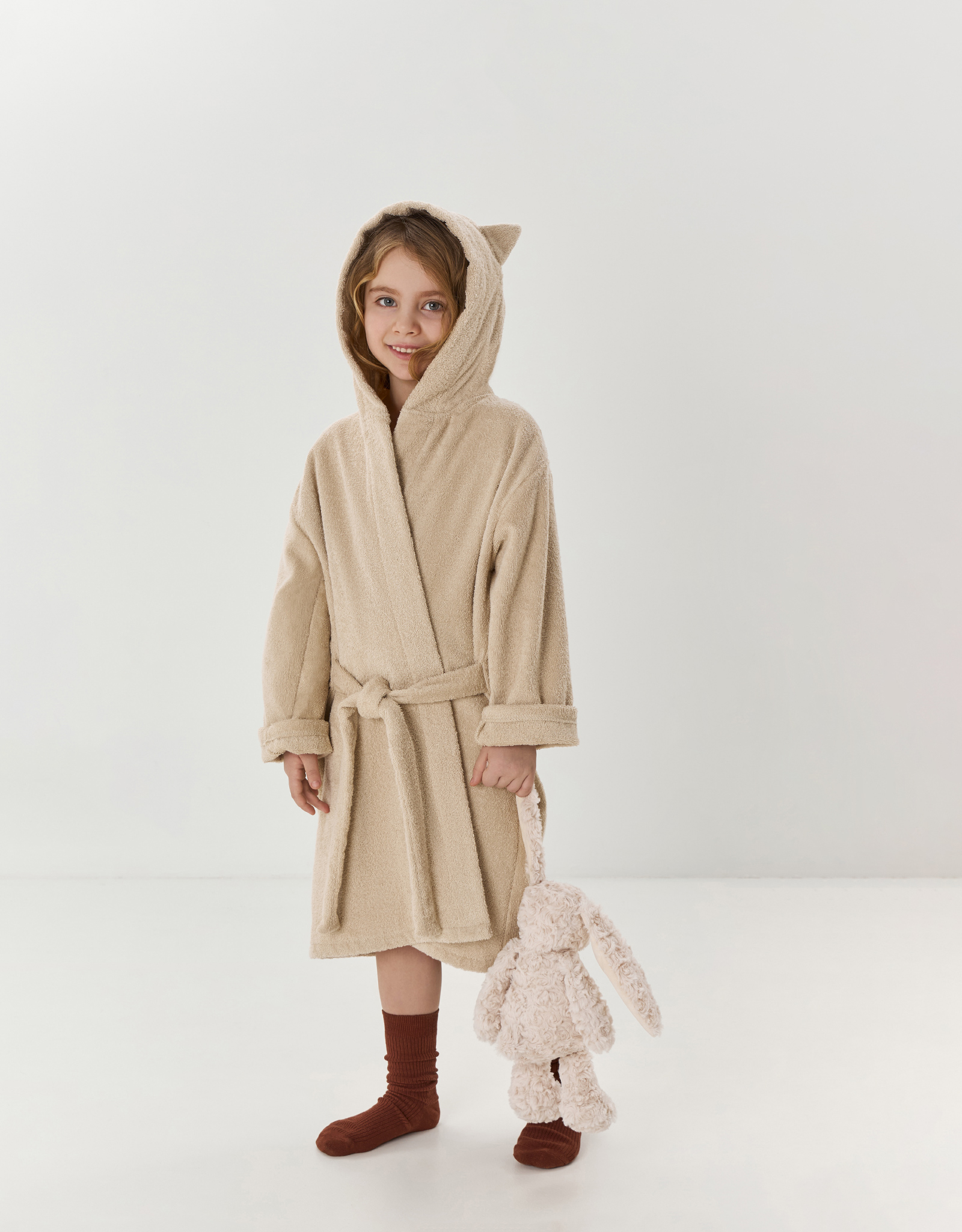 Children's robe, size 110-122 cm, with long sleeves, hooded, cotton, beige, Ears, Teddy, image-8