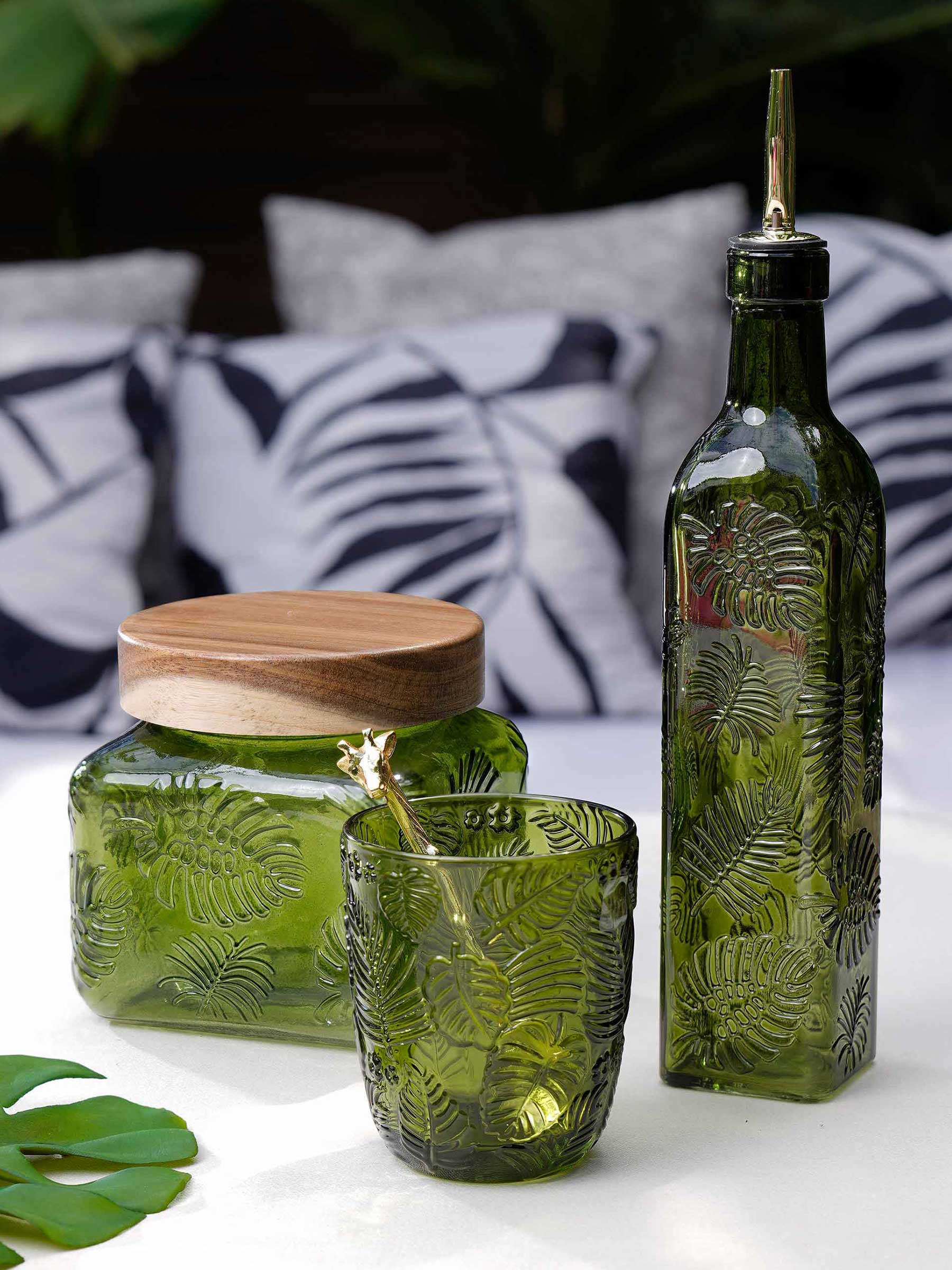 Oil or vinegar bottle, 500 ml, with dispenser, glass R / metal, green, Monstera, Royal jungle, image-7