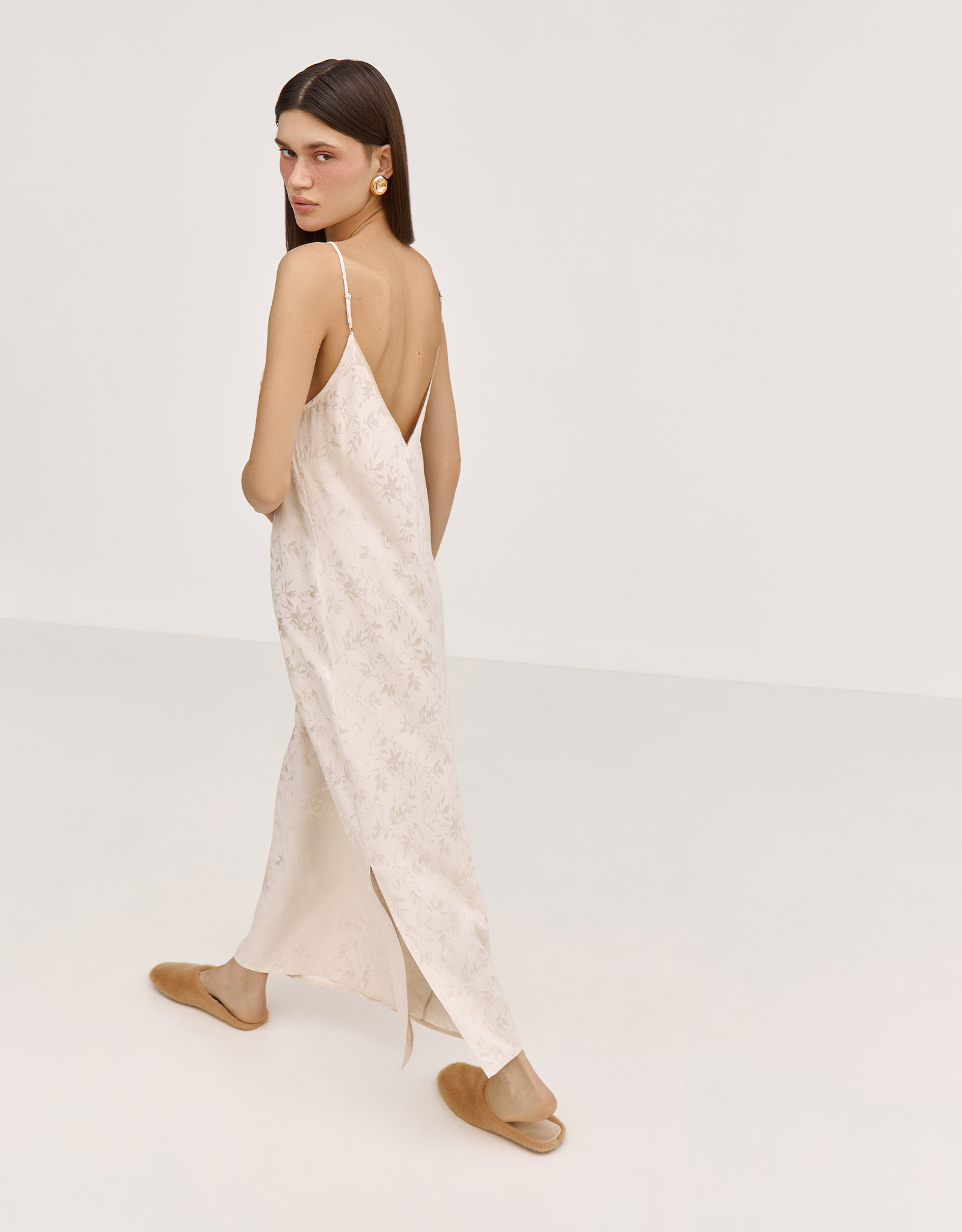 Women's dress, homewear, midi, size L, with straps, viscose, milky, Flowers, Arisha, image-5