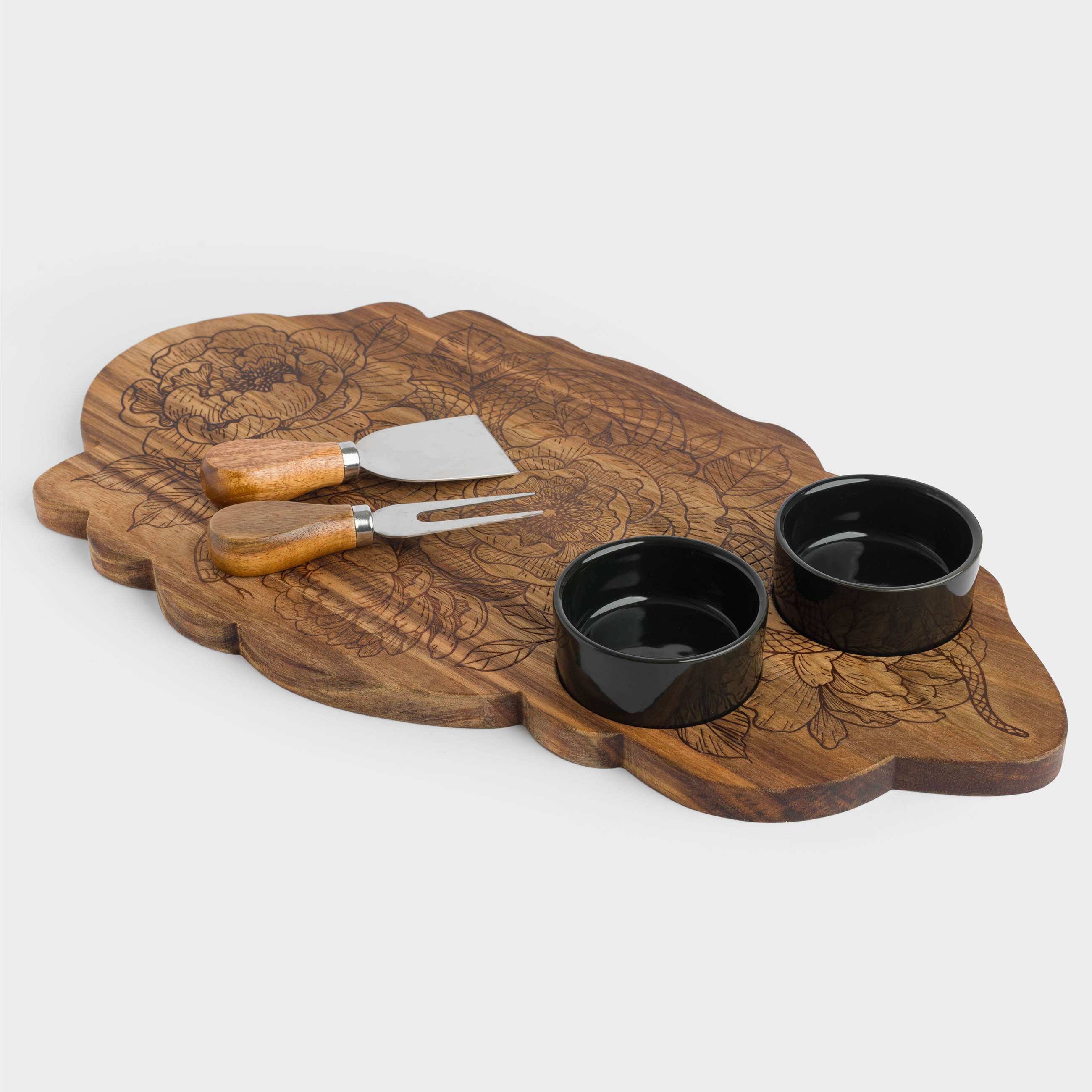 Cheese set, 5 items, dish board/bowl, steel / ceramic / wood, Snake in flowers, Noble tree
