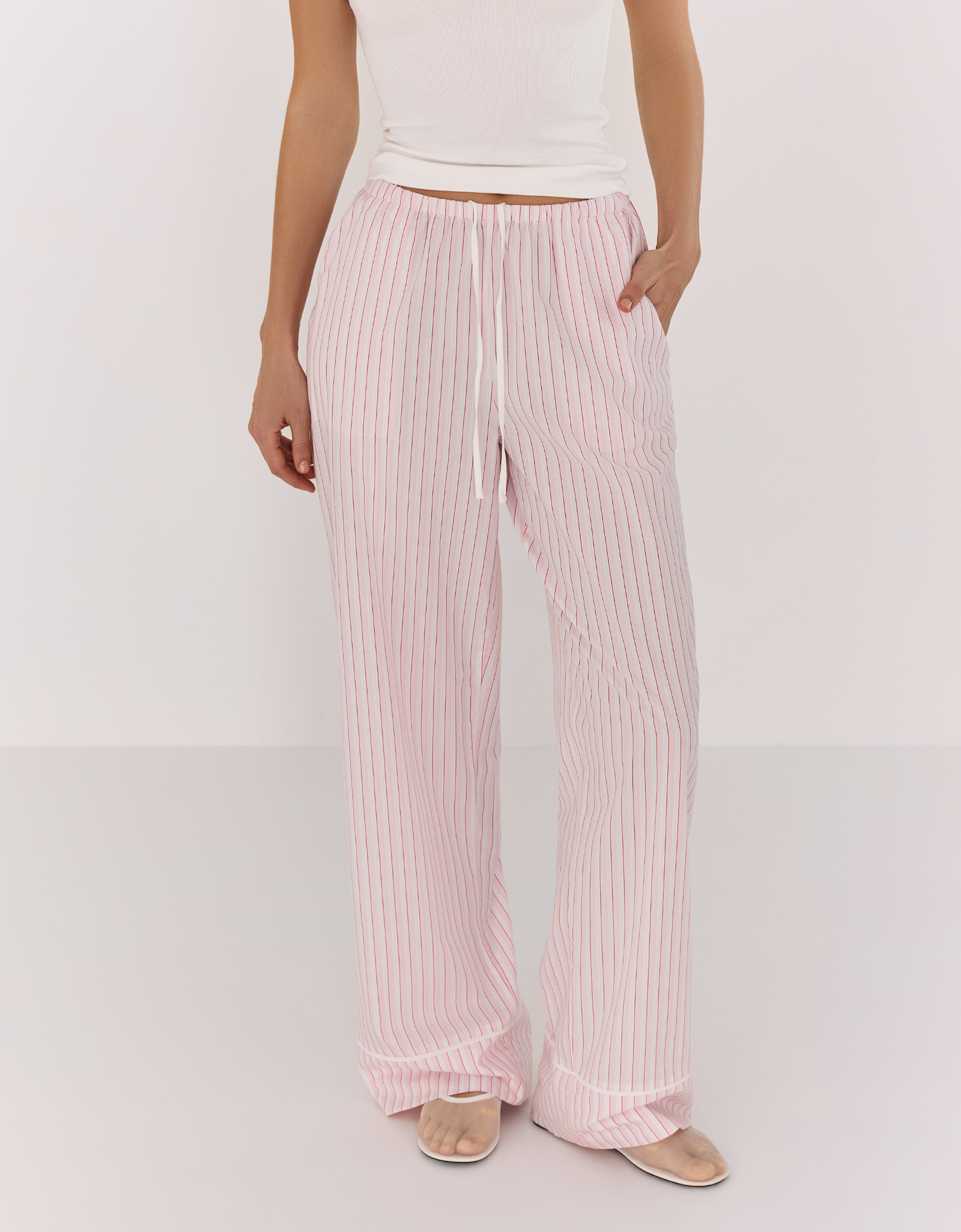 Women's trousers, homewear, size L, cotton, white and pink, Stripe, Sheria, image-5