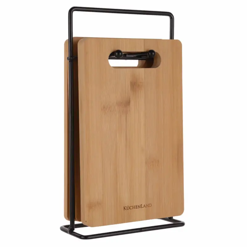 Cutting board, 22x14 cm, 4 pcs, on a stand, bamboo / steel, rectangular, Bamboo