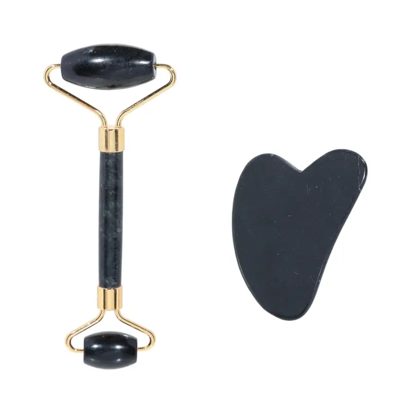 Cosmetic set, 2 items. Package contents: roller facial massager-1 pc; gua sha stone-1 pc. Size: roller-14 cm; gouache stone-8x7 cm. Material: jade, metal. ,image-0