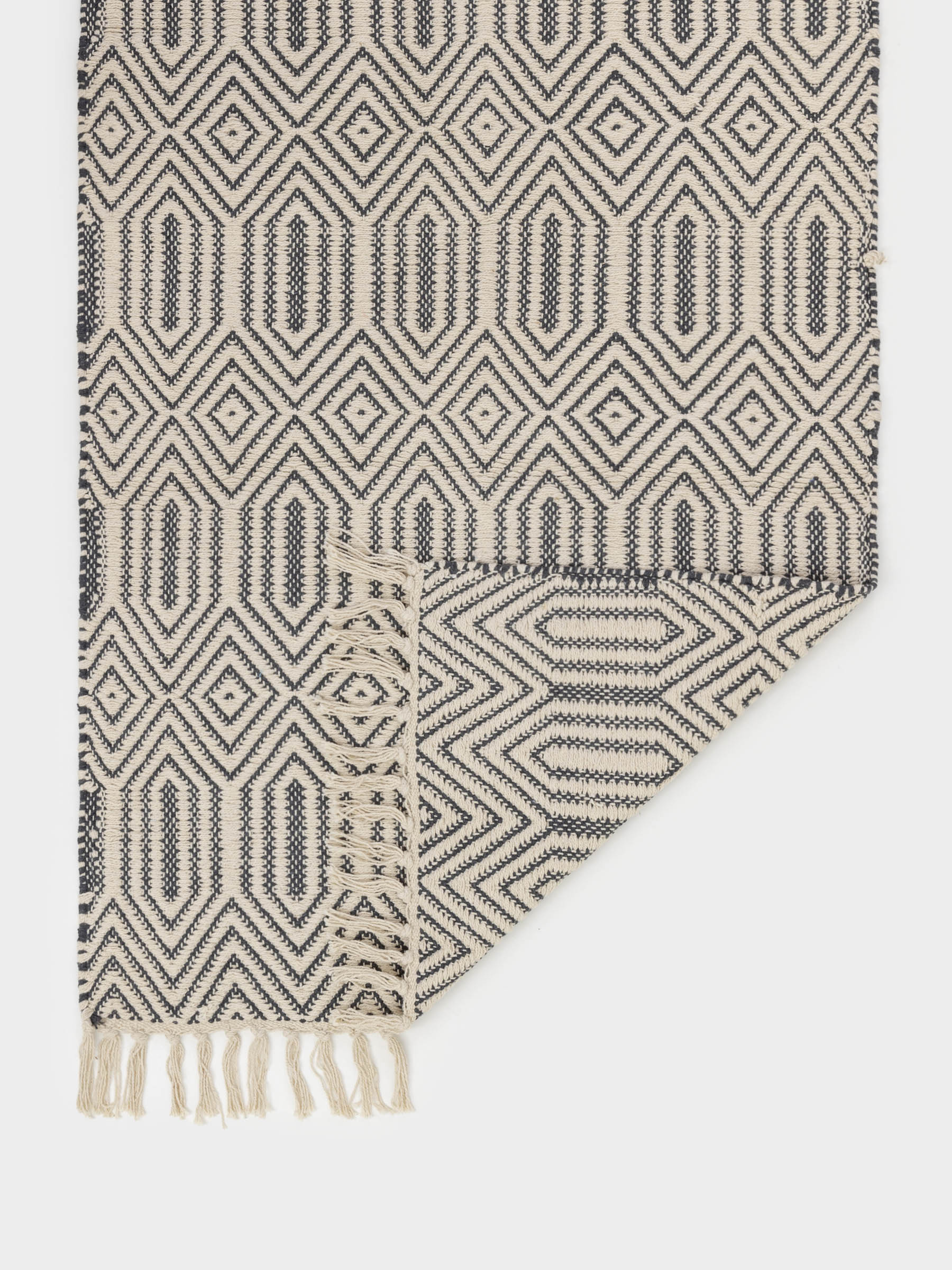Rug, 60x90 cm, fringed, cotton, black and milk, Rhombic, image-5