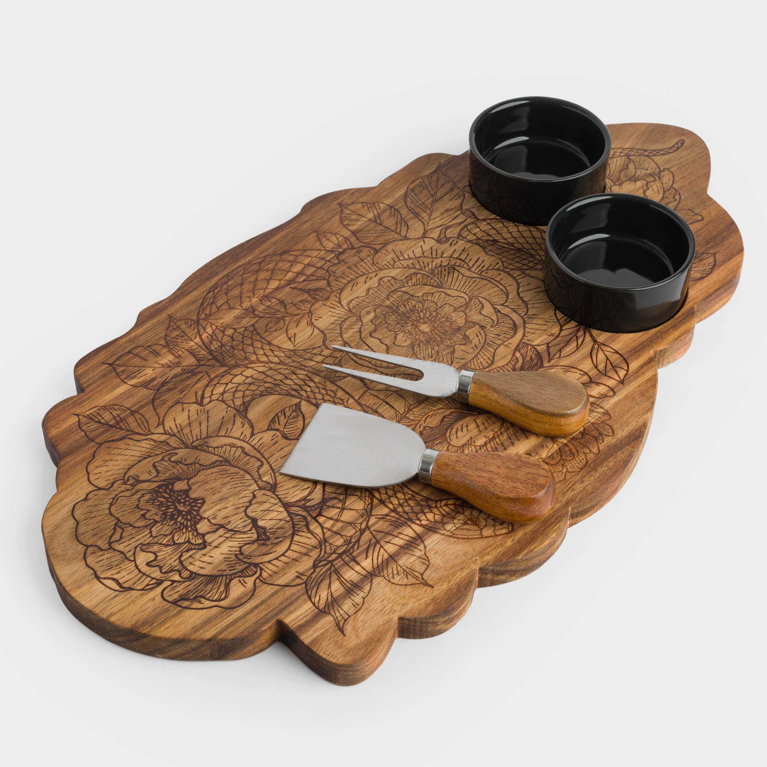 Cheese set, 5 items, dish board/bowl, steel / ceramic / wood, Snake in flowers, Noble tree