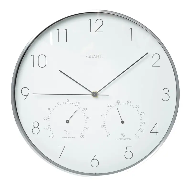 Wall clock, 31 cm, with thermometer and hygrometer, plastic / glass, round, white, Dial