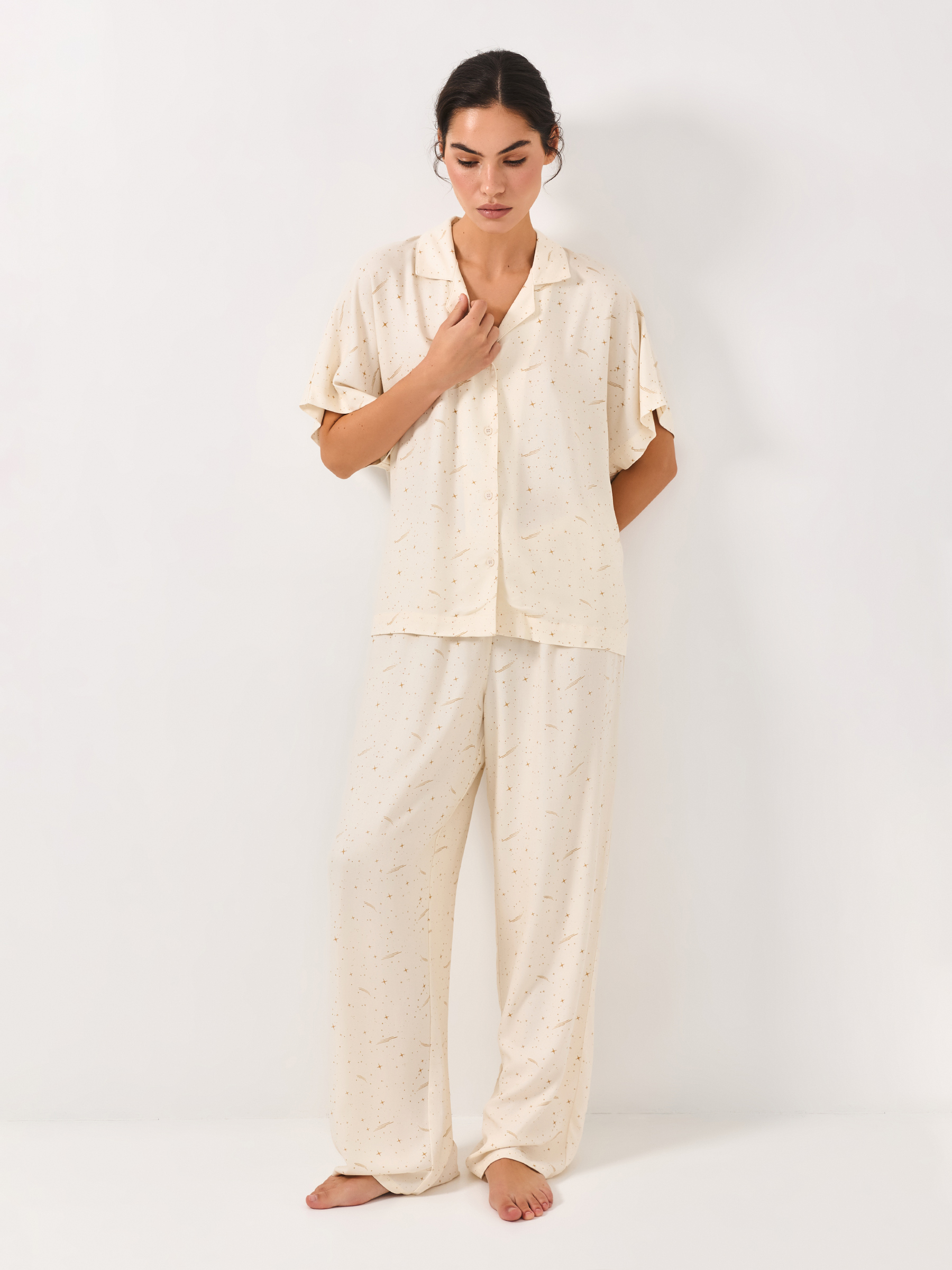 Women's shirt, homewear, size S, with short sleeves, viscose, milky, Stars, Dina, image-2