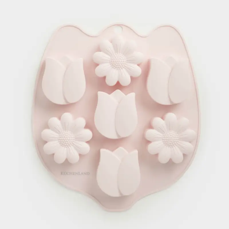 Cupcake baking dish, 26x23 cm, 7 compartments, silicone, pink, Spring flowers, Bakery color