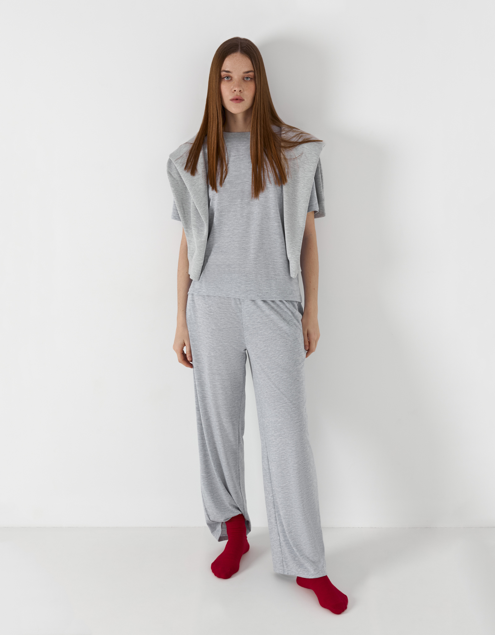 Women's T-shirt, homewear, size L, polyester / viscose / lurex, light gray, Awereona, image-0