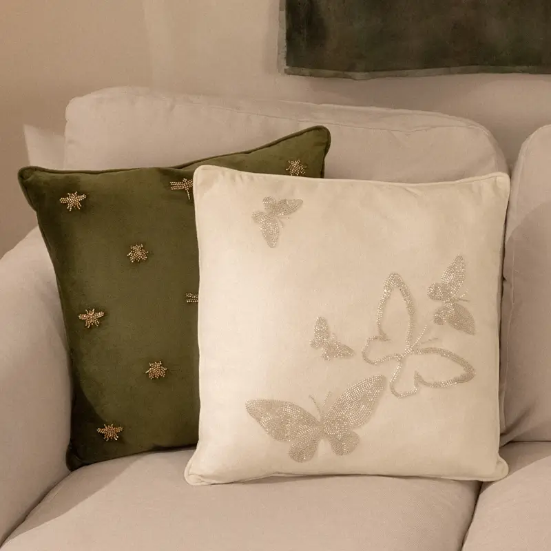 Decorative pillow, 45x45 cm, corduroy / beads, milky, Butterflies, Bugs ,image-0