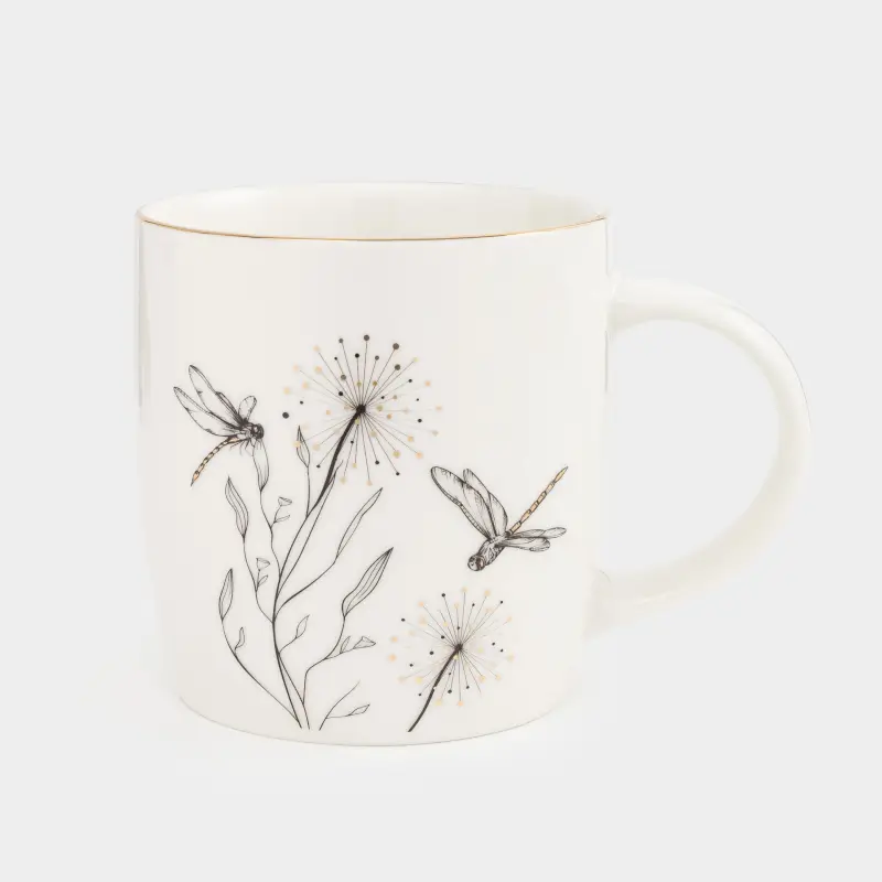 Mug, 380 ml, porcelain N, white, with golden edging, Dragonflies and dandelions, Dragonfly