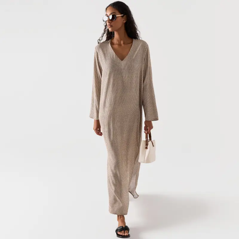 Women's dress, maxi, size L, with long sleeves, viscose, beige, Geometric Pattern, Emri ,image-0