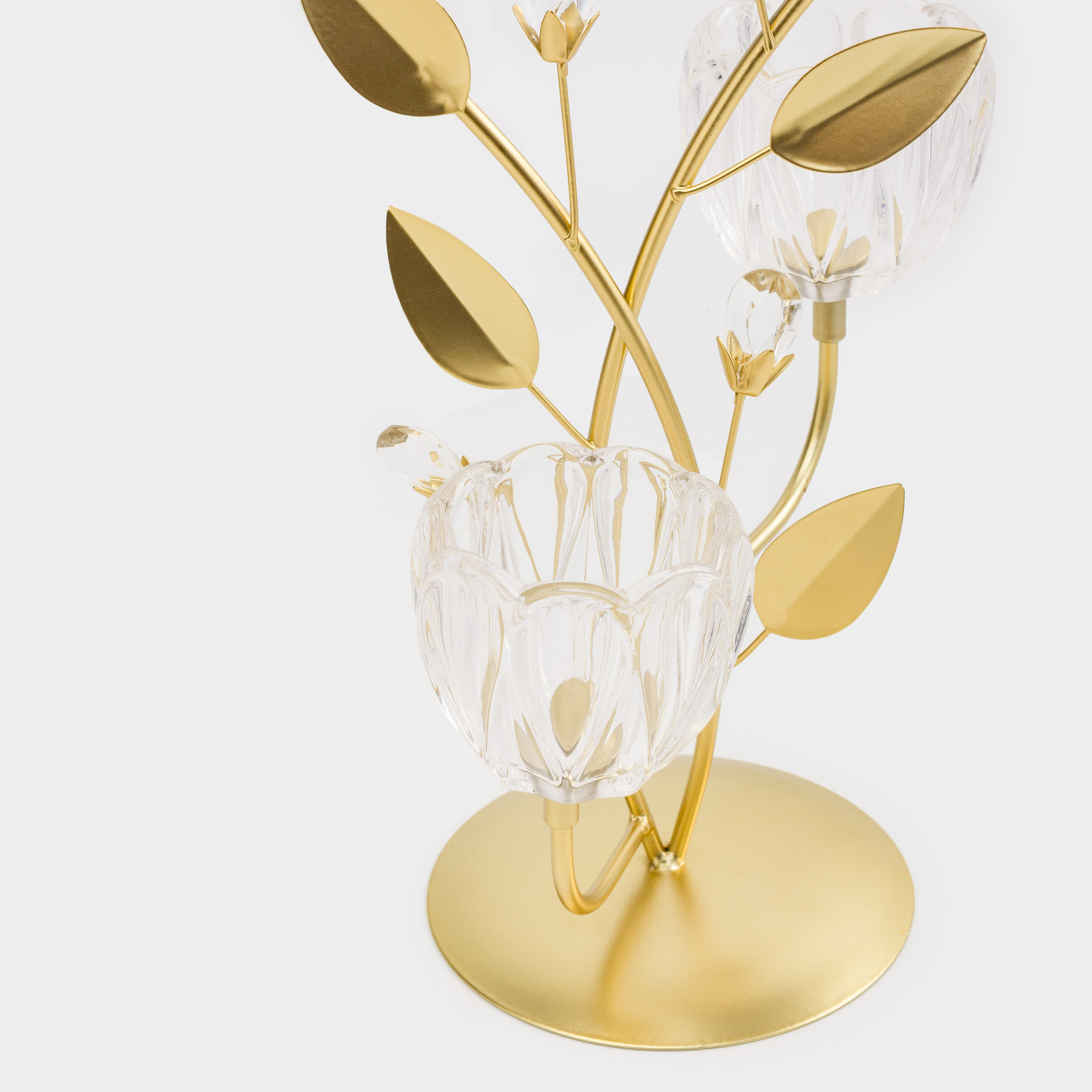 Candlestick, 29 cm, 2 tea candles, glass / metal, golden, Fantastic flowers