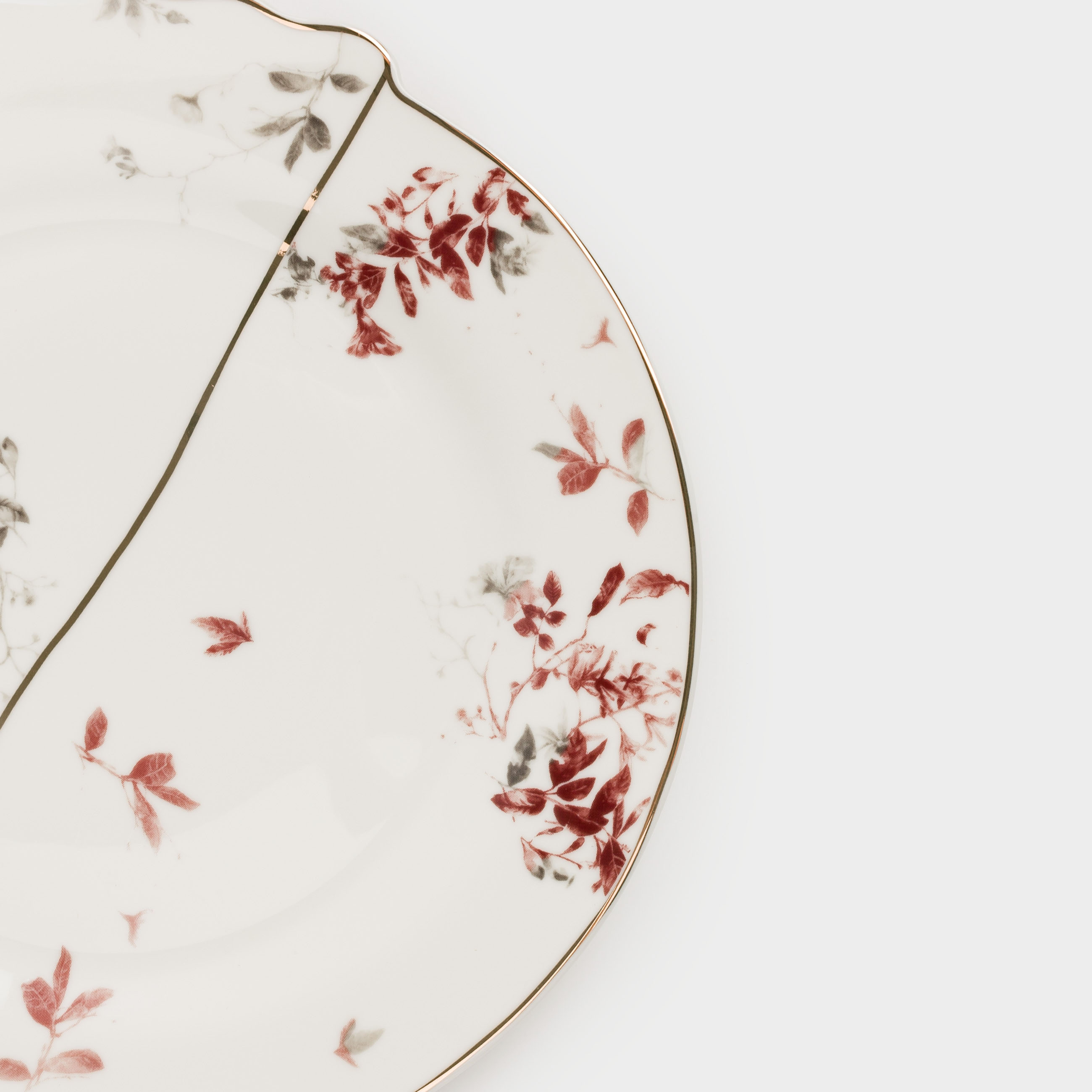 Dessert plate, 20 cm, porcelain N, white, with golden edging, autumn leaves, Flourish