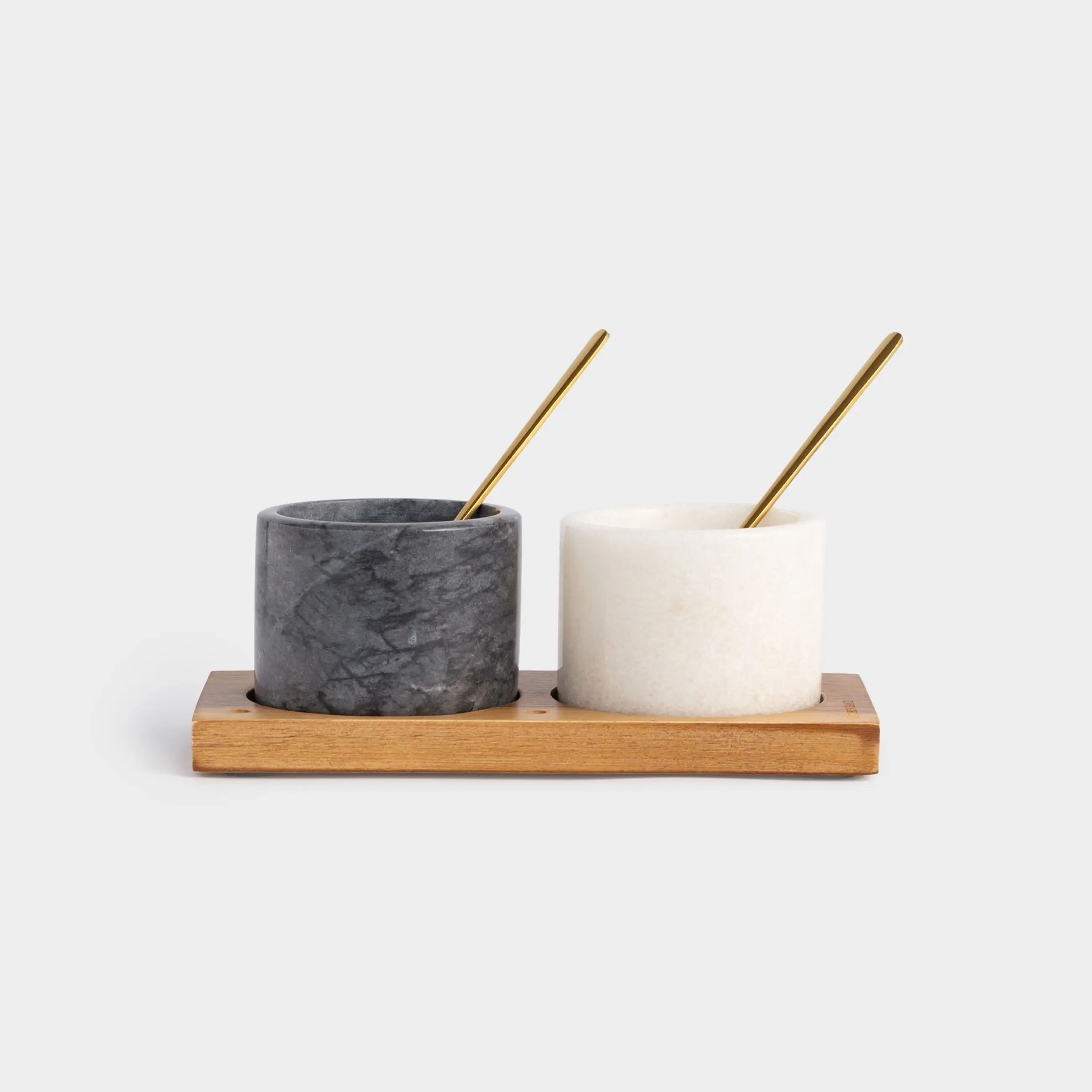 Spice container, 6 cm, 2 pcs, with spoons, on a stand, marble / wood, Marble